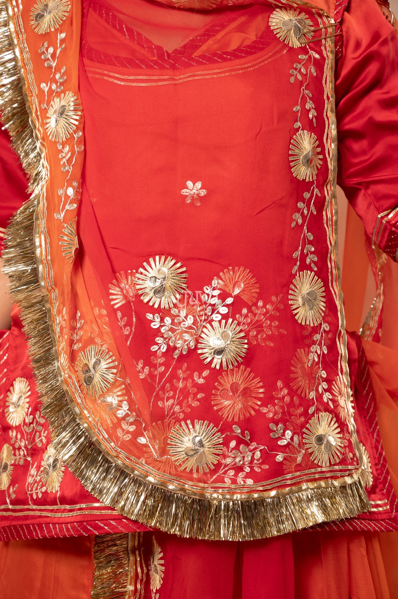Red-Rust Orange Bamber Satin Sikhiya Gotta Pitan work Poshak with Pure Shaded Odhana (unstitched)