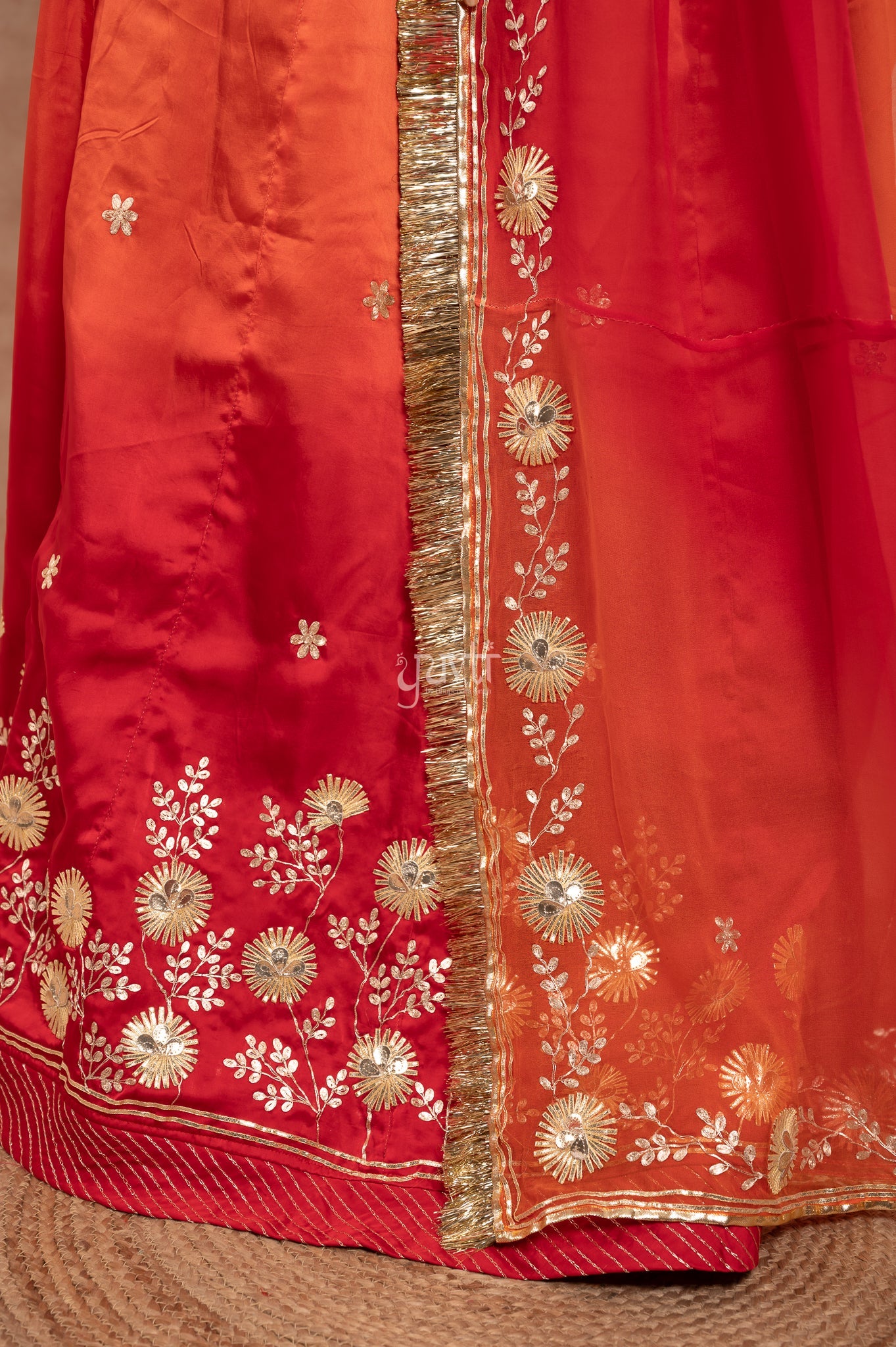 Red-Rust Orange Bamber Satin Sikhiya Gotta Pitan work Poshak with Pure Shaded Odhana (unstitched)