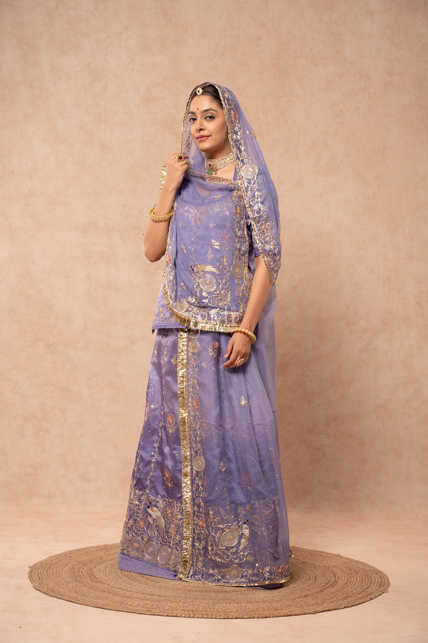 Lavender Bamber Satin Aari Zardozi Sequins Handwork Poshak with Pure Odhana (unstitched)