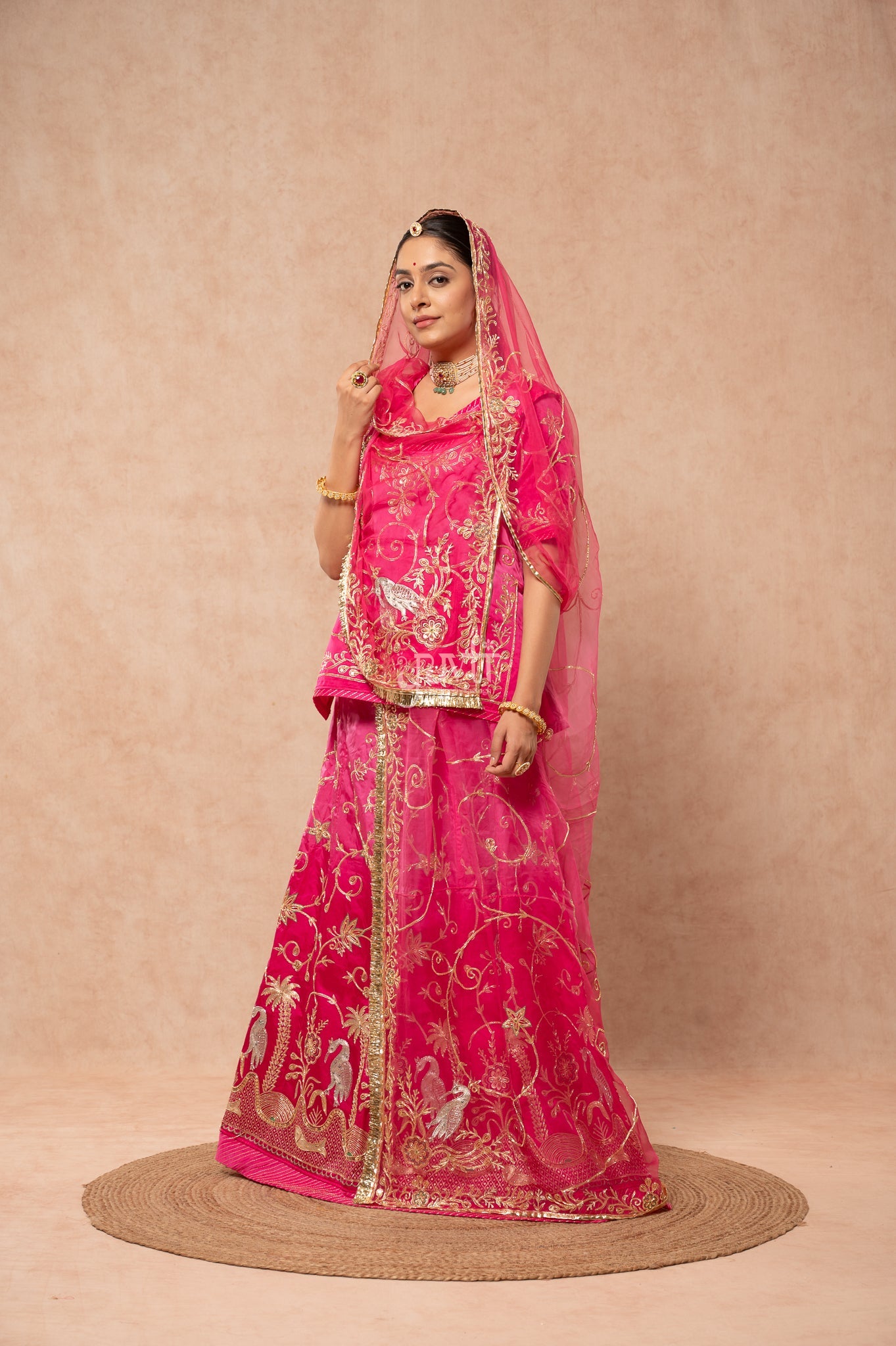 Rani Bamber Satin Aari Sequins Zardozi Handwork Poshak with Pure Odhana (unstitched)