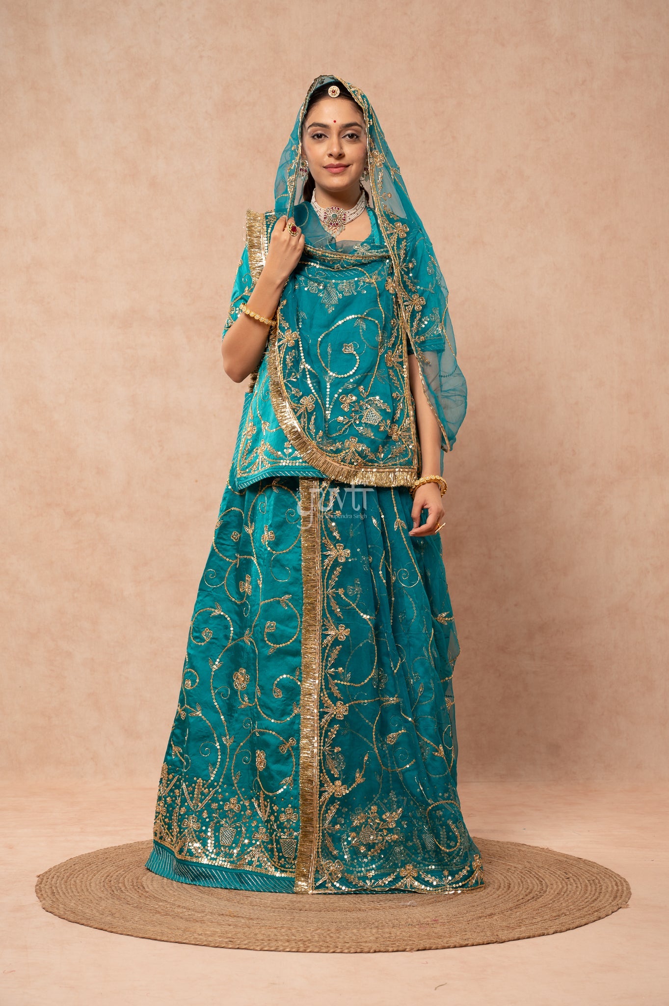 Rama Green Bamber Satin Zardozi Sequins Handwork Poshak with Pure Odhana (unstitched)