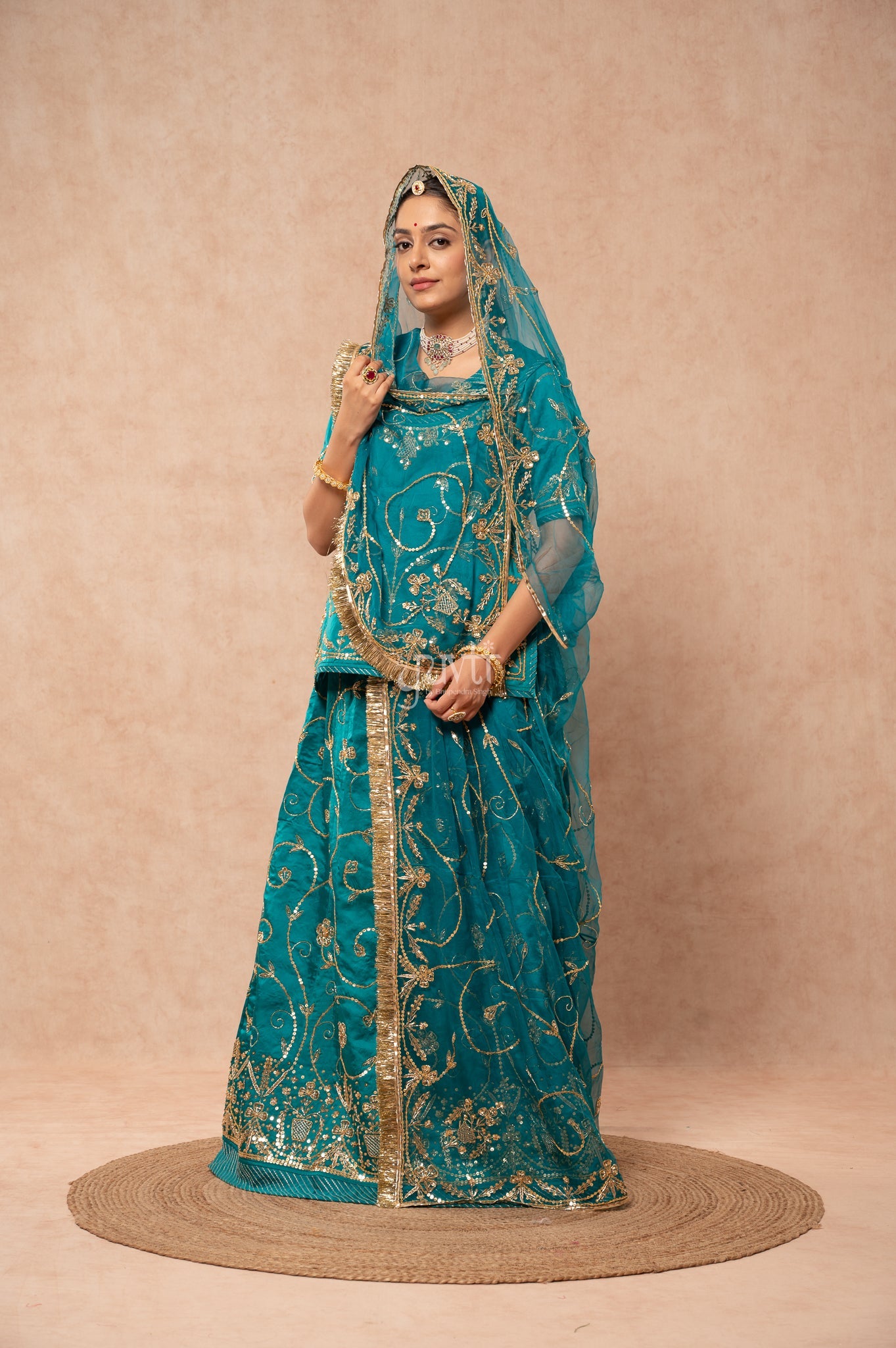 Rama Green Bamber Satin Zardozi Sequins Handwork Poshak with Pure Odhana (unstitched)