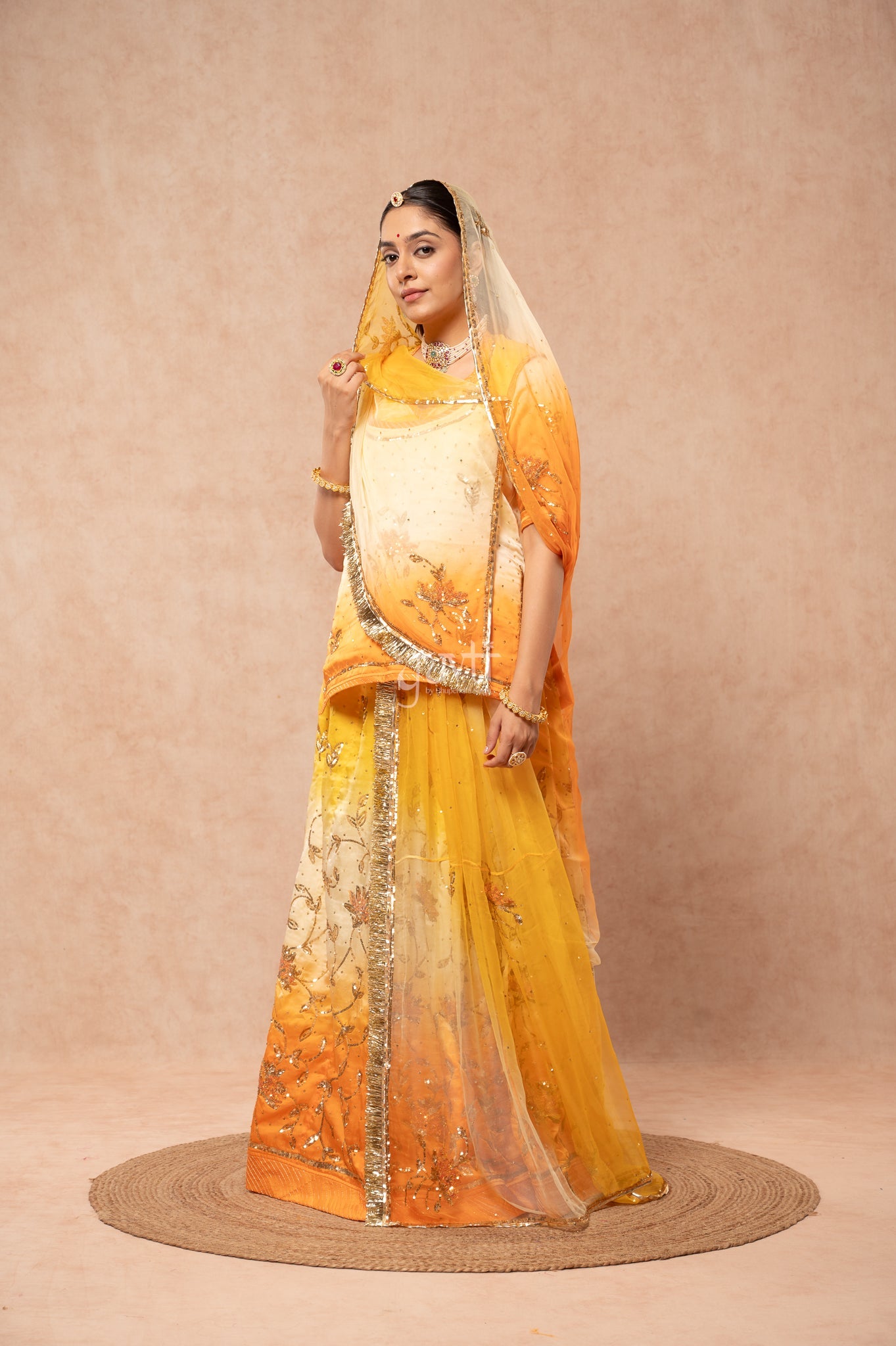 Yellow Peach Bamber Satin Sequins Handwork Poshak with Pure Multi Shaded Odhana (unstitched)
