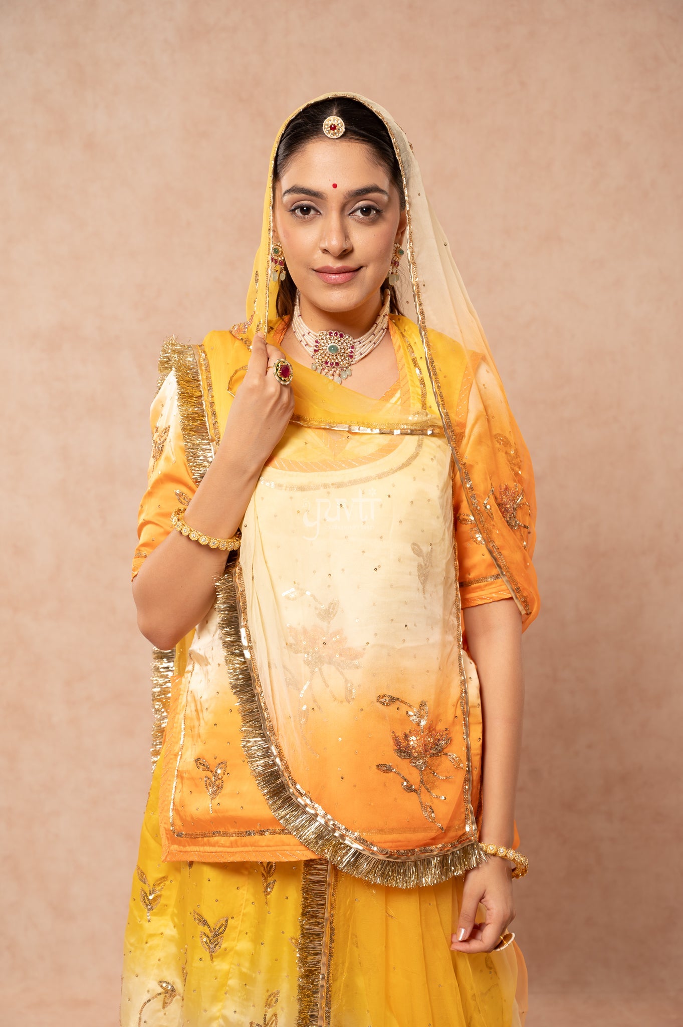 Yellow Peach Bamber Satin Sequins Handwork Poshak with Pure Multi Shaded Odhana (unstitched)