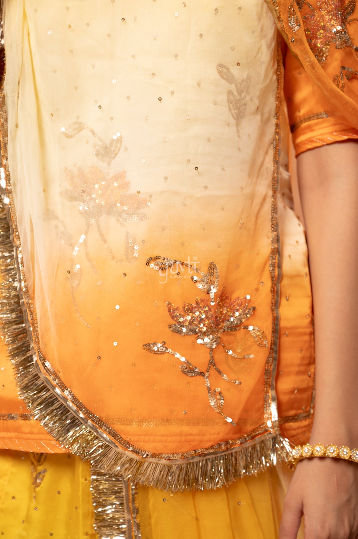 Yellow Peach Bamber Satin Sequins Handwork Poshak with Pure Multi Shaded Odhana (unstitched)