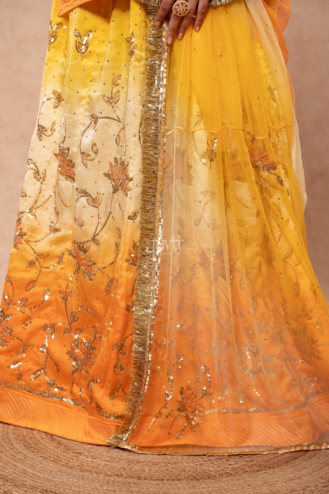 Yellow Peach Bamber Satin Sequins Handwork Poshak with Pure Multi Shaded Odhana (unstitched)