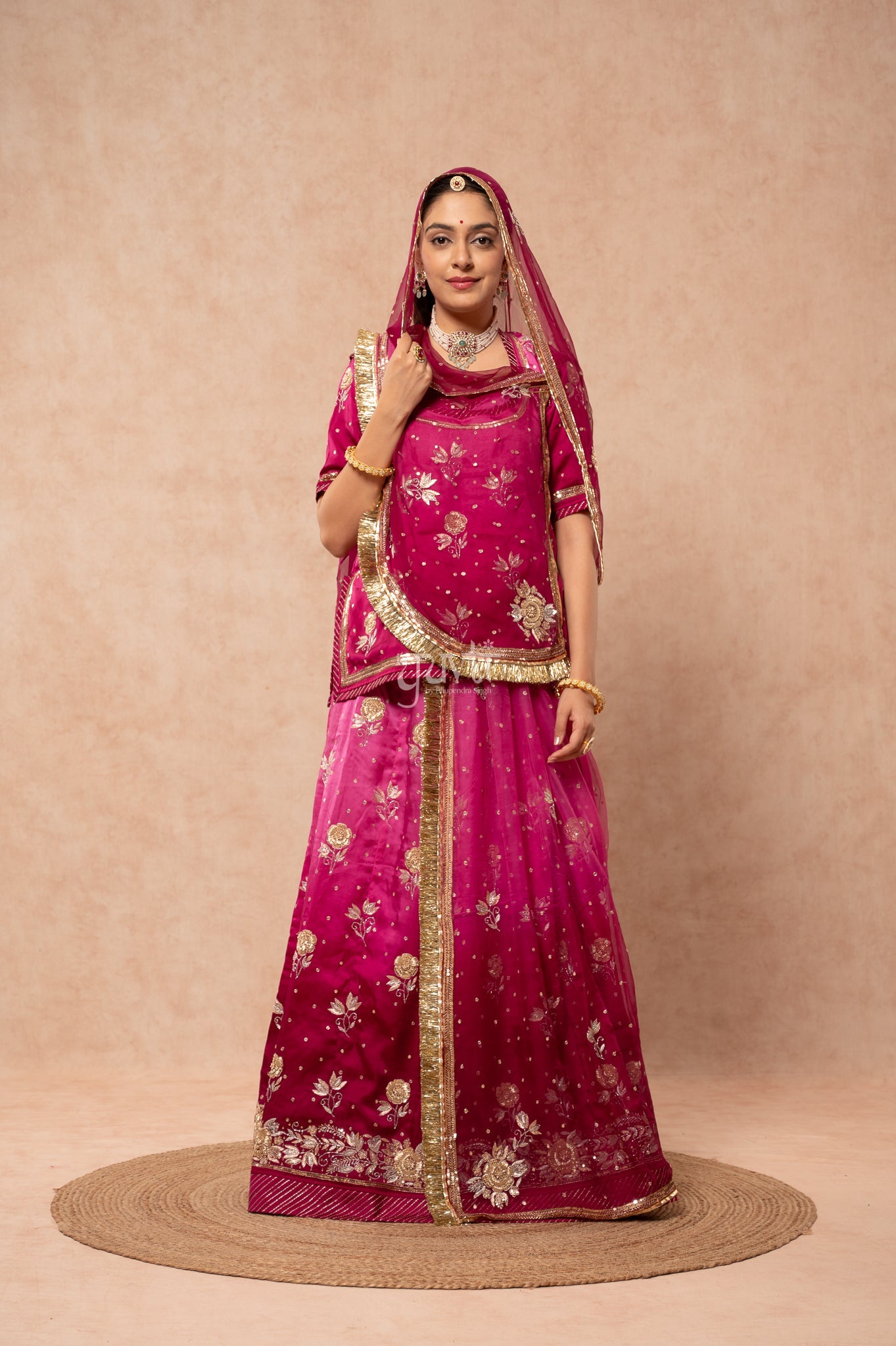 Wine Shaded Bamber Satin Aari Zardozi Sequins Handwork Poshak with Pure Odhana (unstitched)