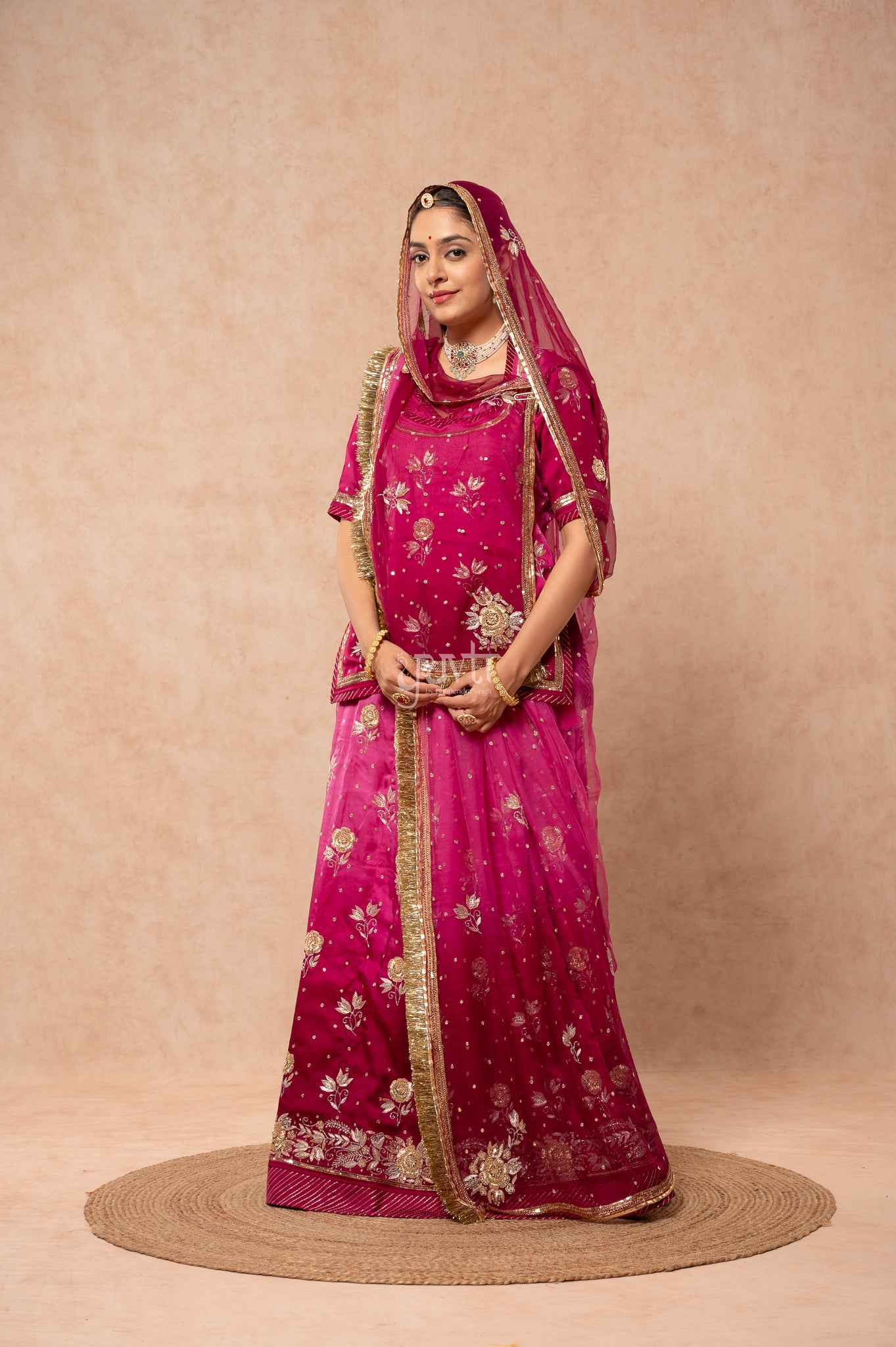 Wine Shaded Bamber Satin Aari Zardozi Sequins Handwork Poshak with Pure Odhana (unstitched)