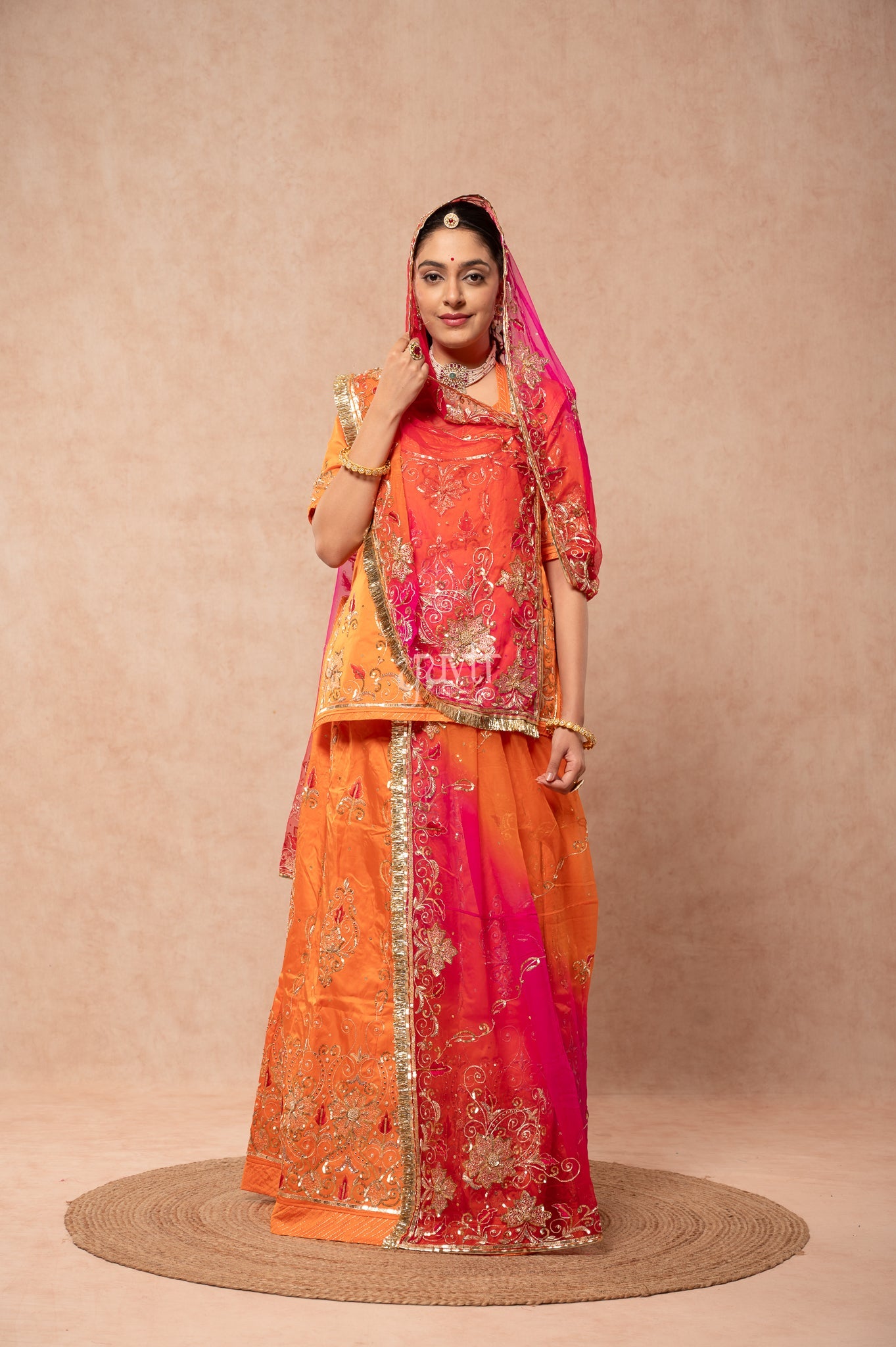 Orange Bamber Satin Aari Sequins Resham Zardozi Handwork Poshak with Pure Multi Odhana (unstitched)