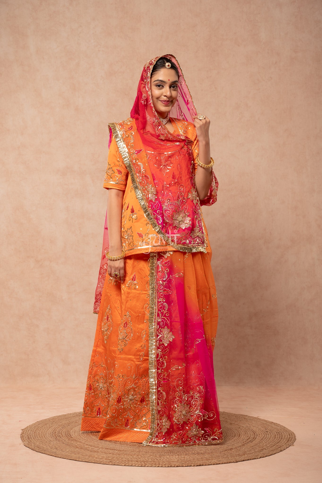 Orange Bamber Satin Aari Sequins Resham Zardozi Handwork Poshak with Pure Multi Odhana (unstitched)