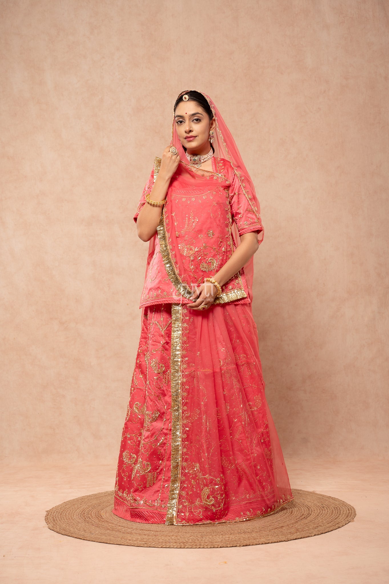 Gajri Pink Bamber Satin Zardozi Sequins Handwork Poshak with Pure Odhana (unstitched)