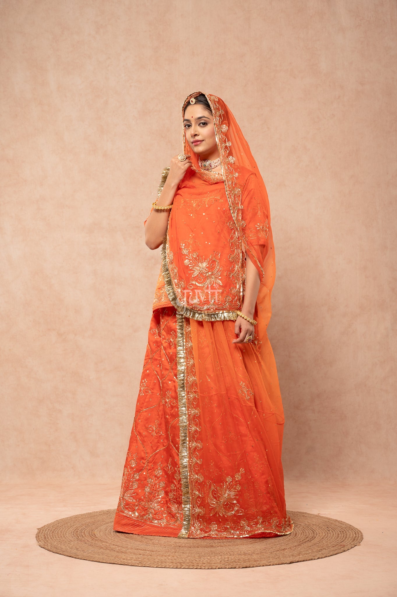 Orange Bamber Satin Aari Zardozi Sequins Handwork Poshak with Pure Odhana (unstitched)