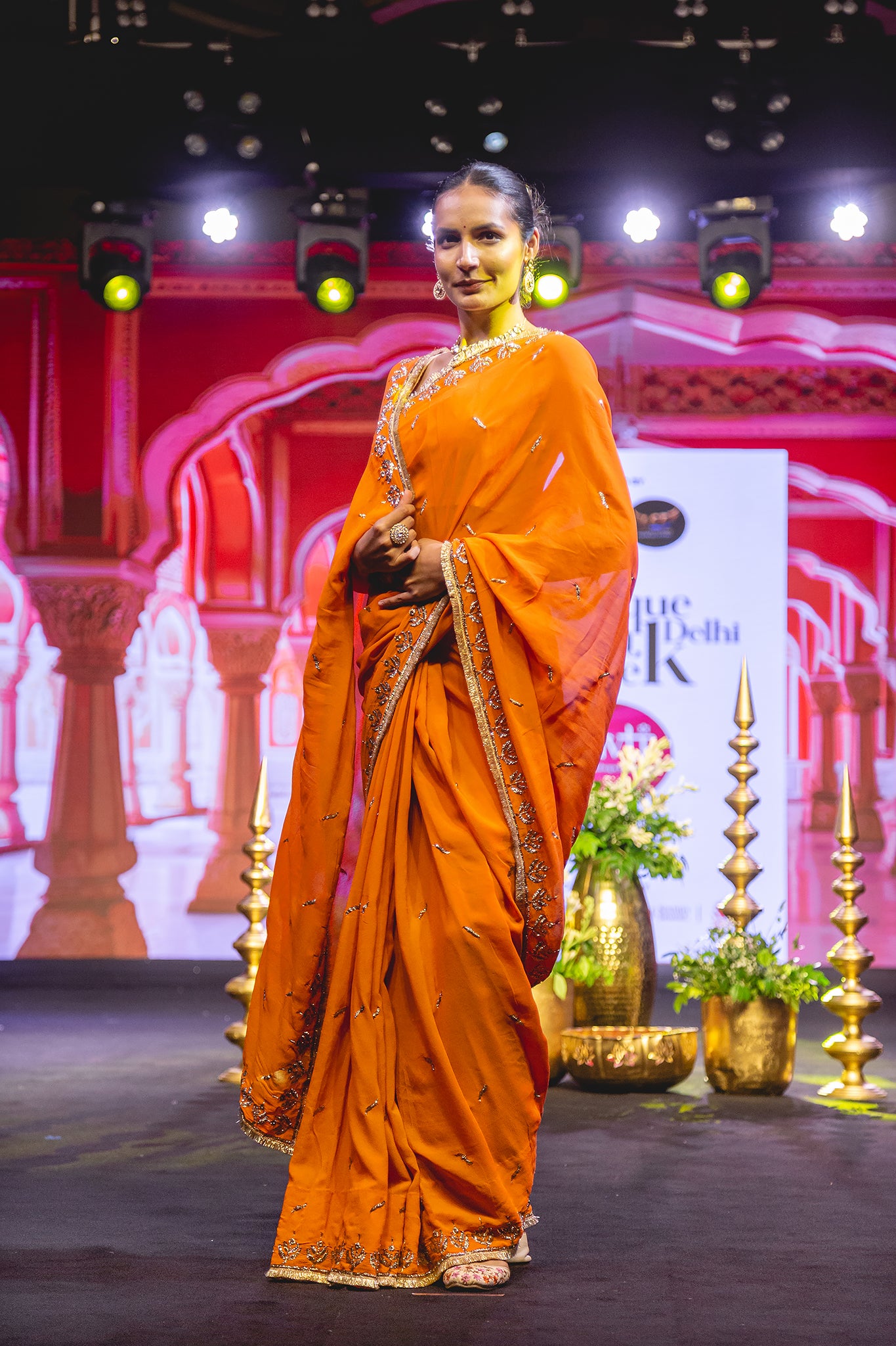 Orange rust Pure Georgette Mukaish Handwork Saree