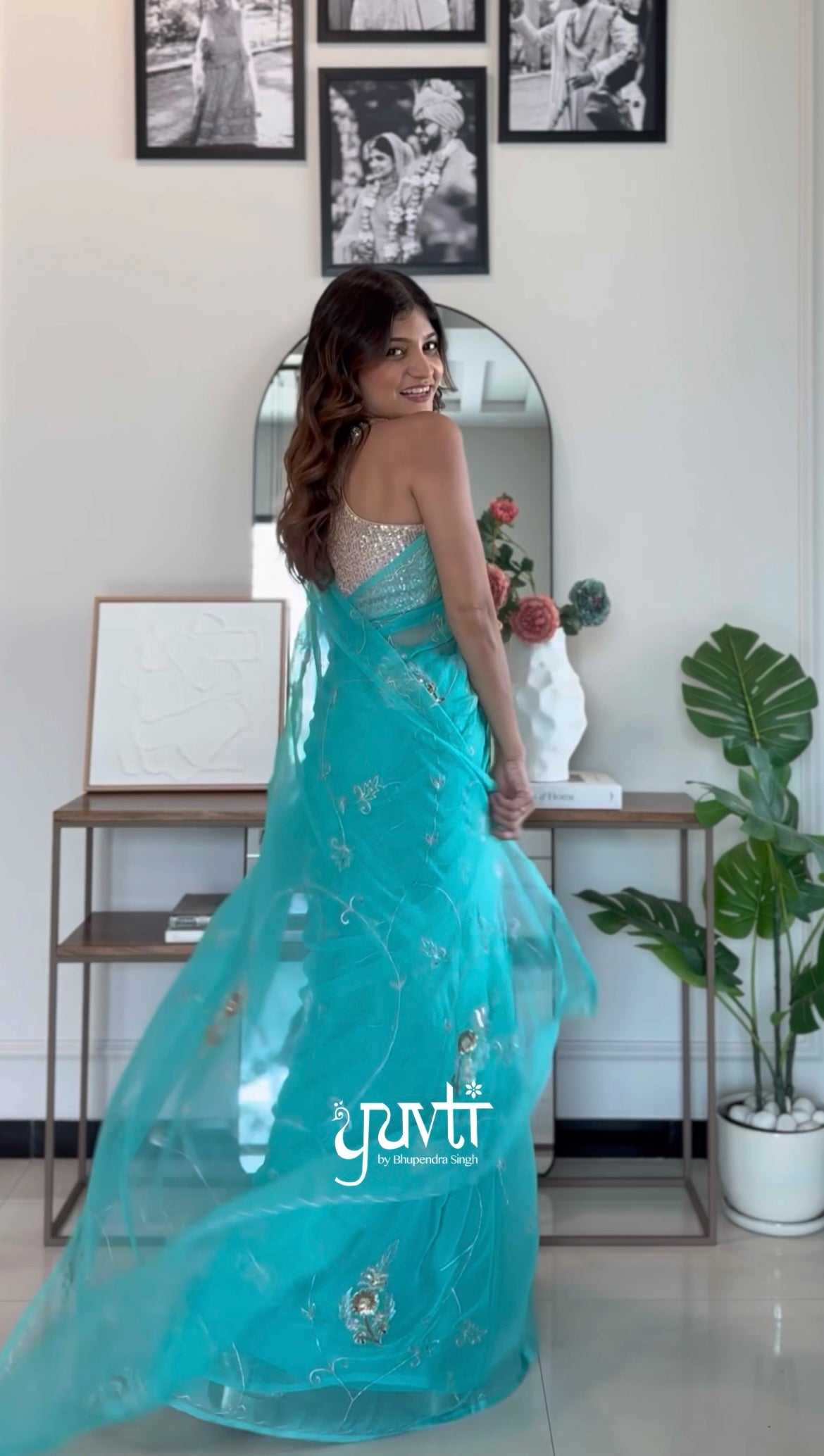 Blue Colour Viscose Chiffon Aari Sequins Work Saree