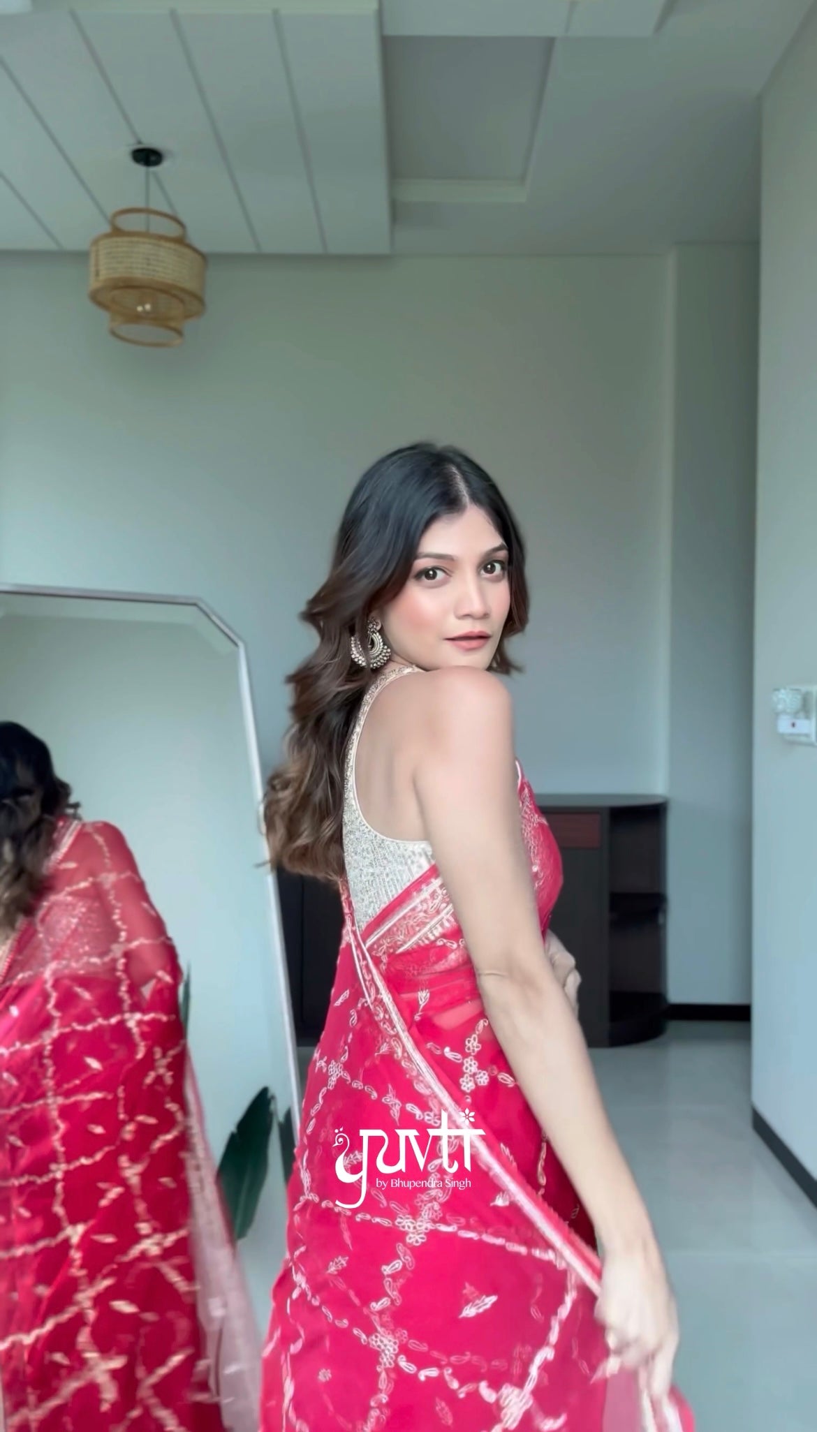 Red Colour Viscose Chiffon Aari Motif Jaal Work Saree