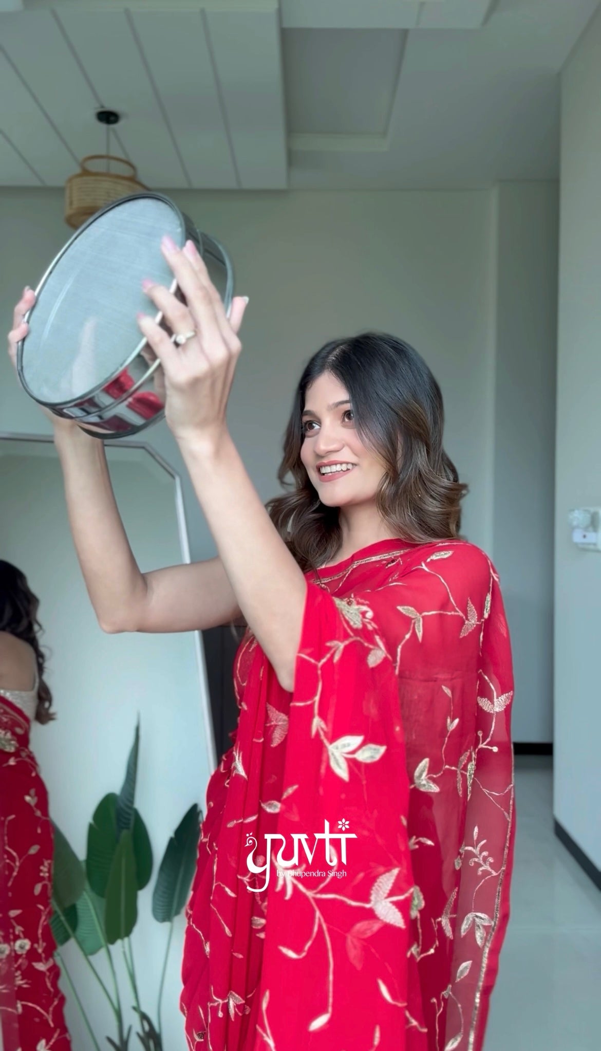 Red Colour Pure Chiffon Aari Sequins Jaal Work Saree