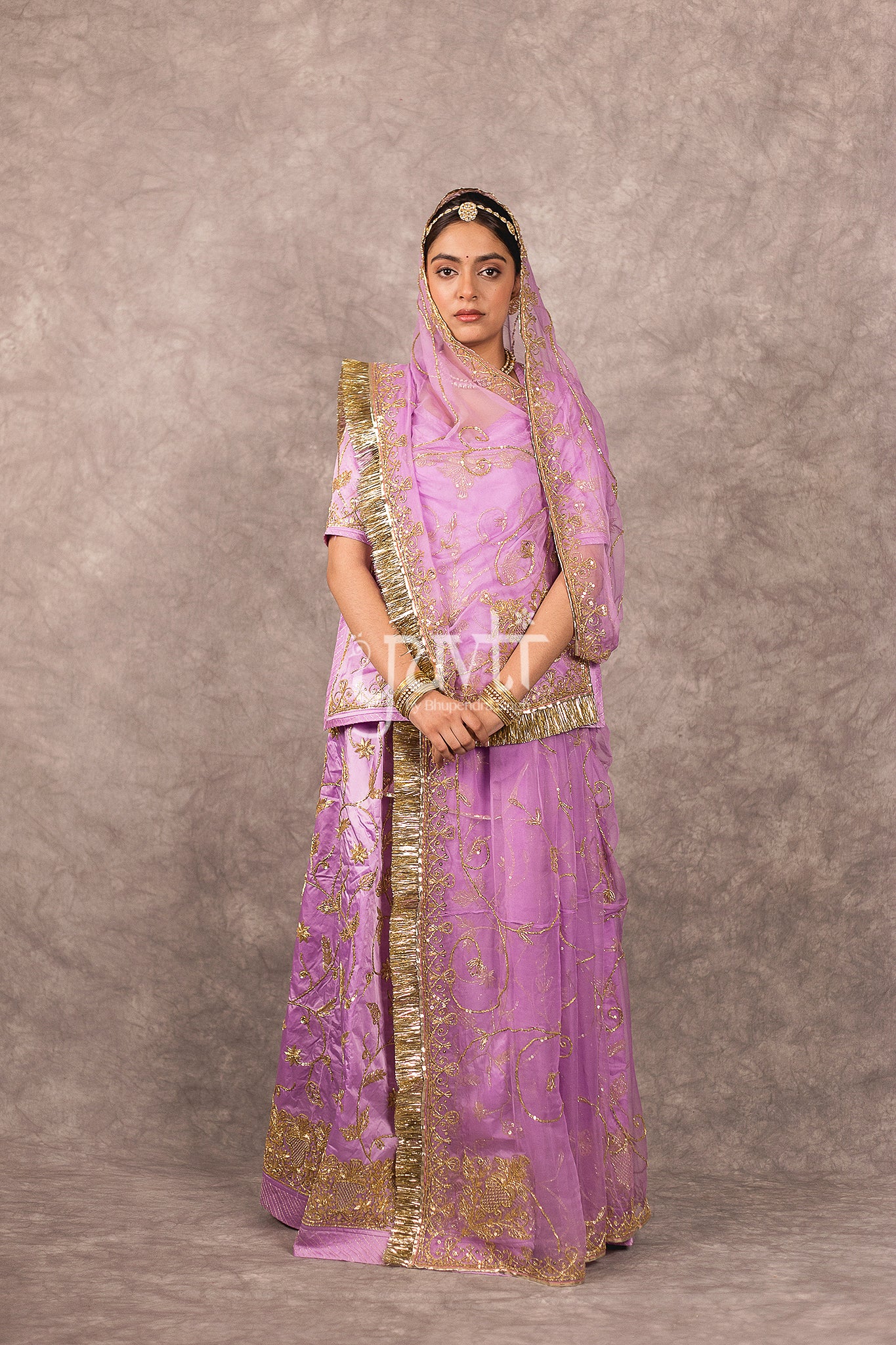 Lavender bamber satin Zardosi Dori Dabka Handwork Rajputi Poshak with Pure odhna