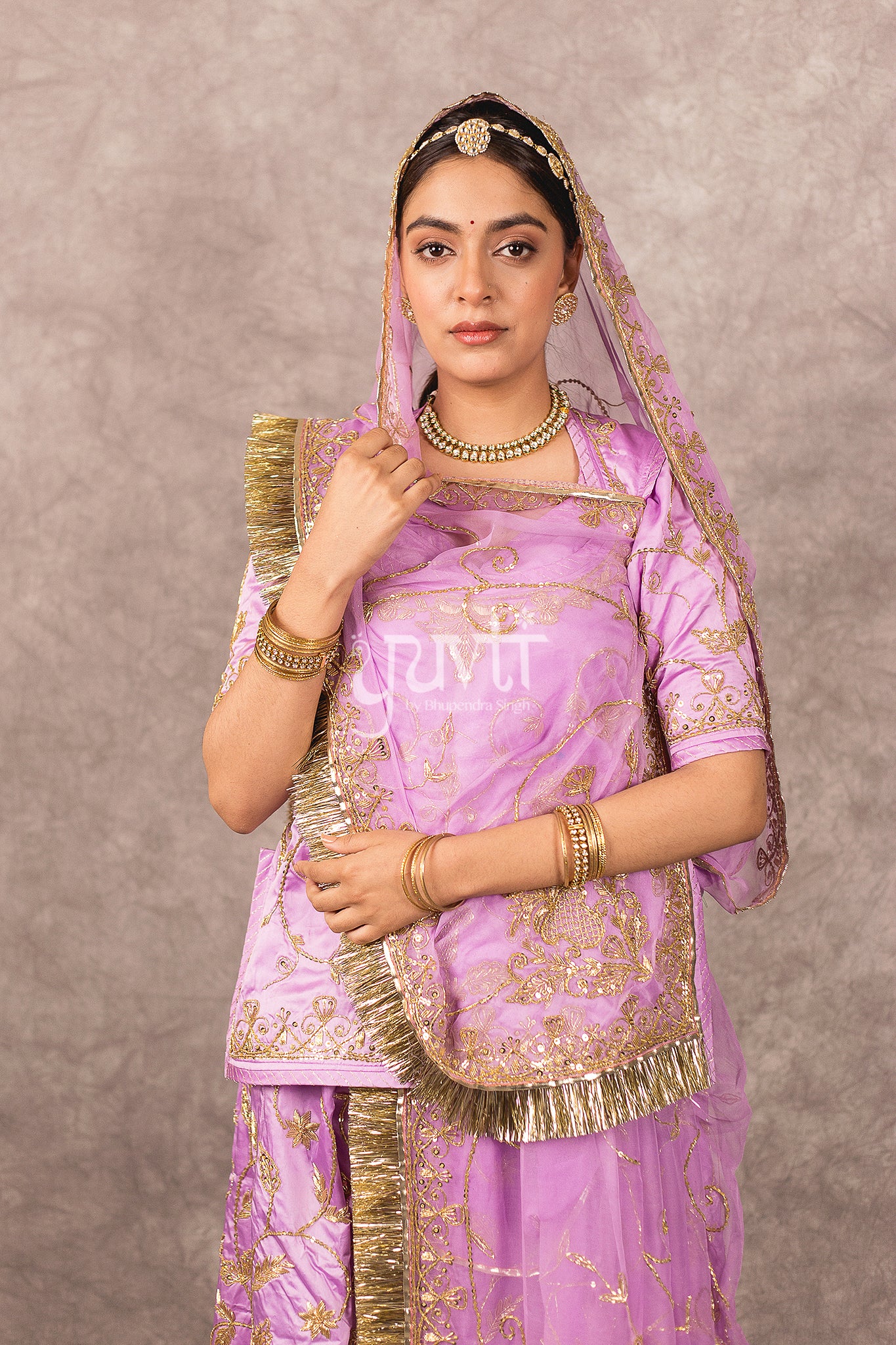 Lavender bamber satin Zardosi Dori Dabka Handwork Rajputi Poshak with Pure odhna