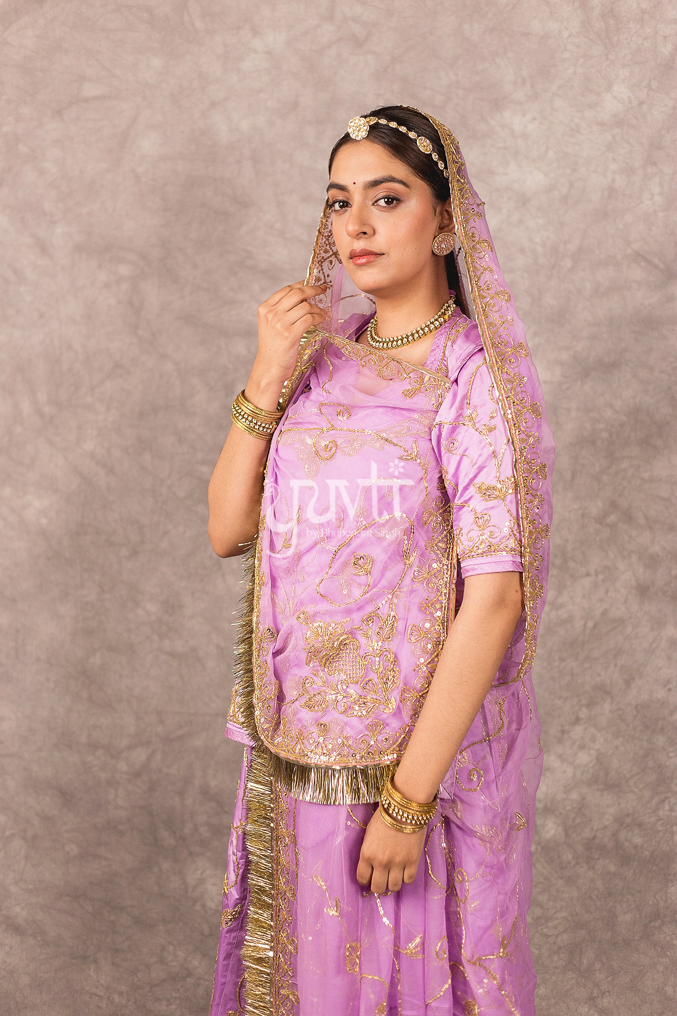 Lavender bamber satin Zardosi Dori Dabka Handwork Rajputi Poshak with Pure odhna