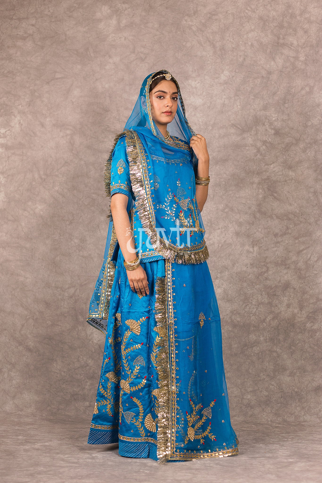 Blue Bamber Satin Gota Patti Zardosi Handwork Rajputi Poshak