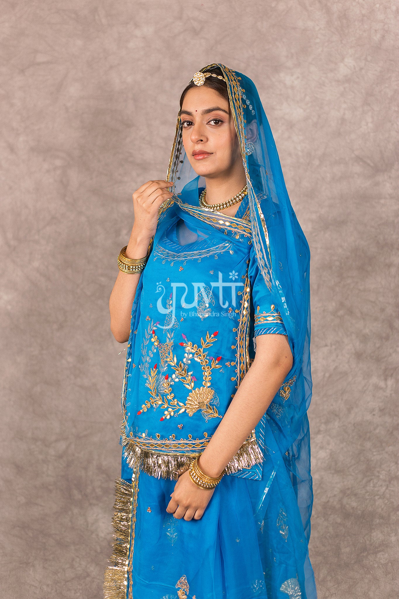 Blue Bamber Satin Gota Patti Zardosi Handwork Rajputi Poshak