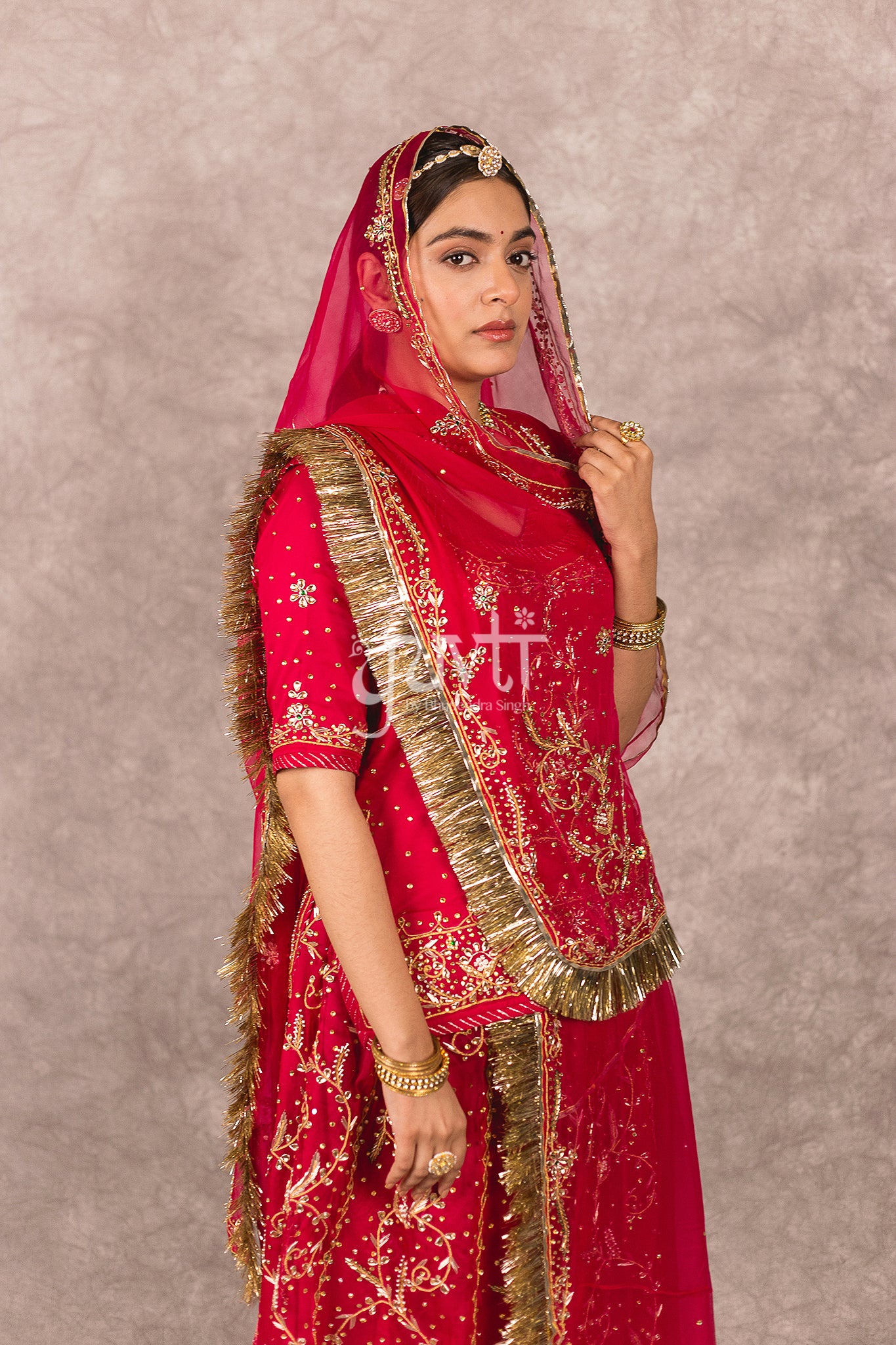 Red Pure Georgette Kundan Dori Dabka Rajputi Poshak