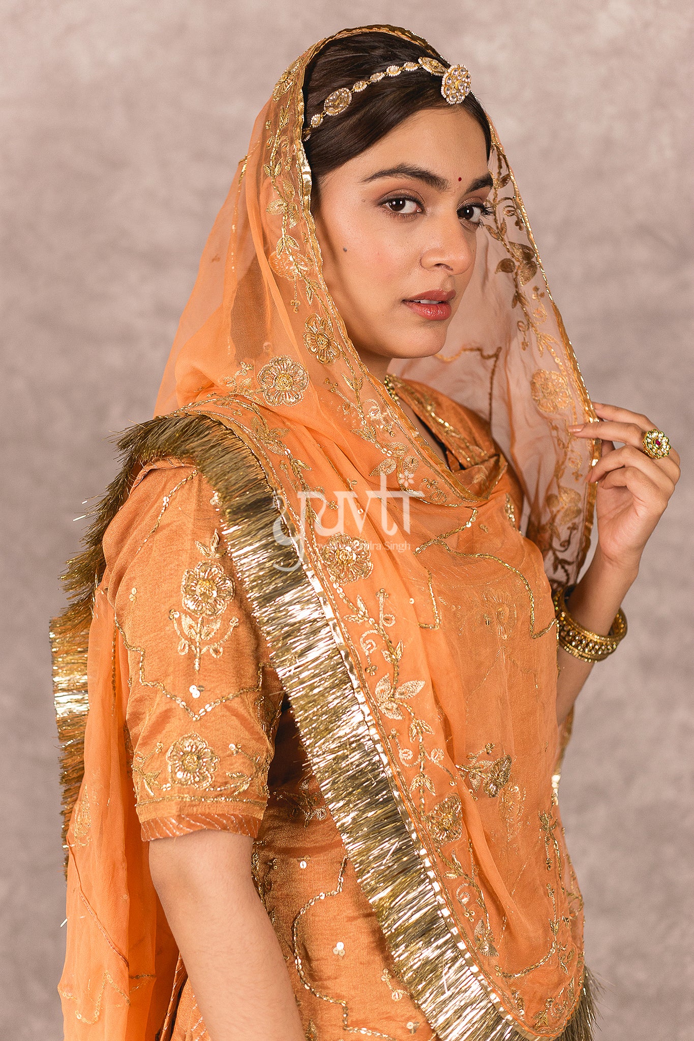 Rust Orange Pure Tissue Zardosi work Rajputi Poshak