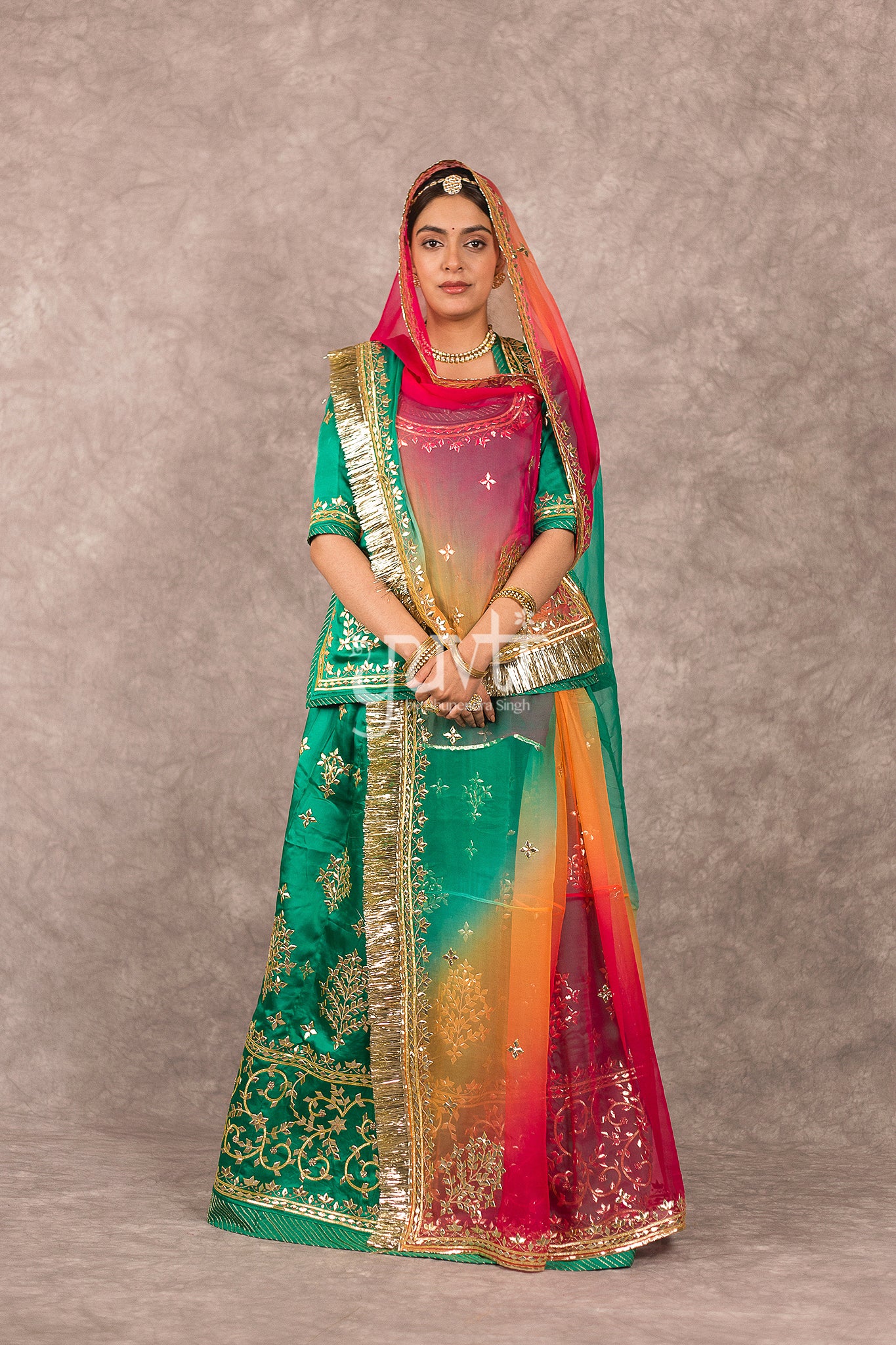 Green Bamber Satin Gota Patti Handwork Rajputi Poshak