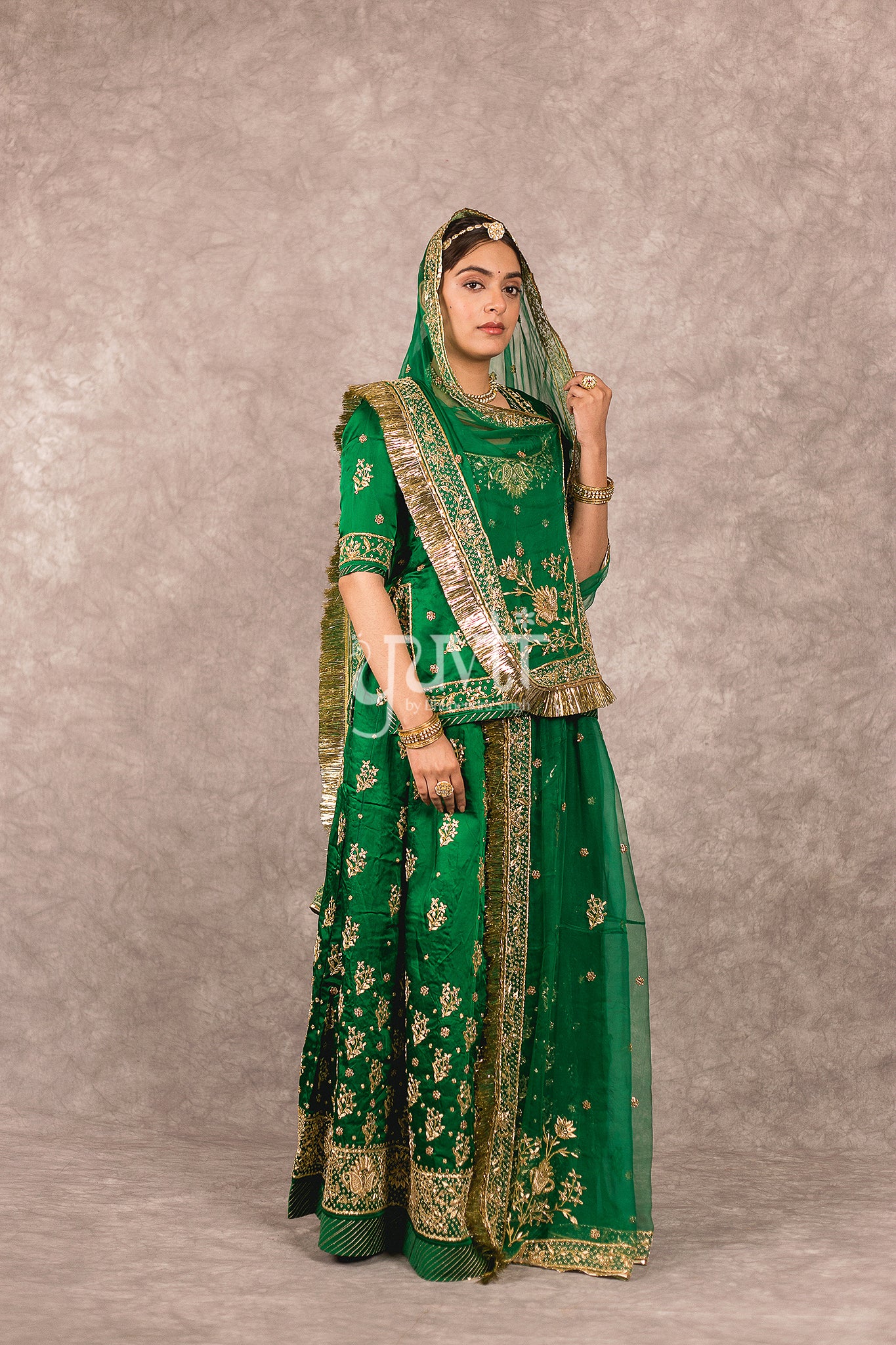Bottle Green bamber satin Zardosi Handwork Rajputi Poshak with Pure odhna