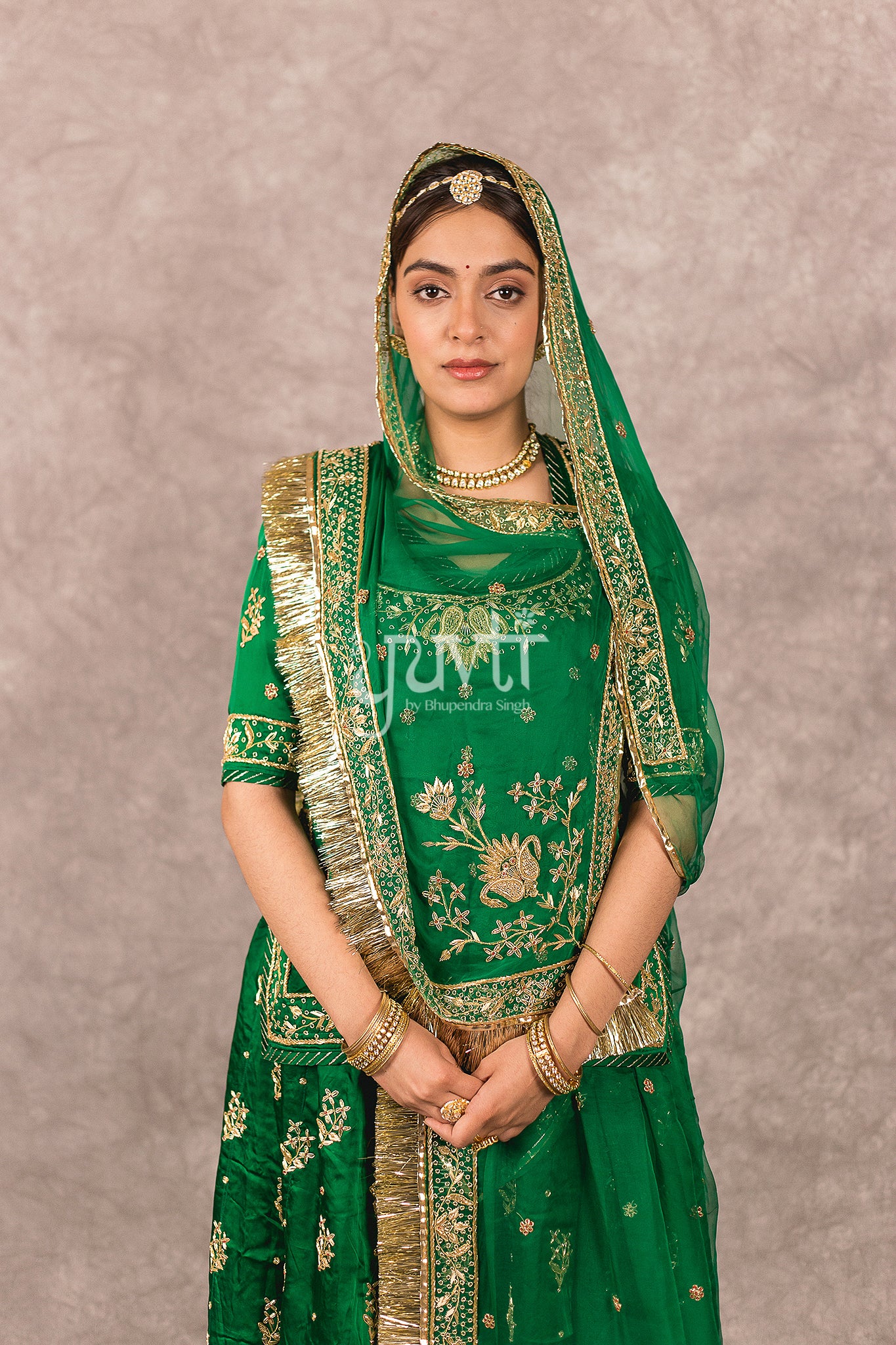 Bottle Green bamber satin Zardosi Handwork Rajputi Poshak with Pure odhna