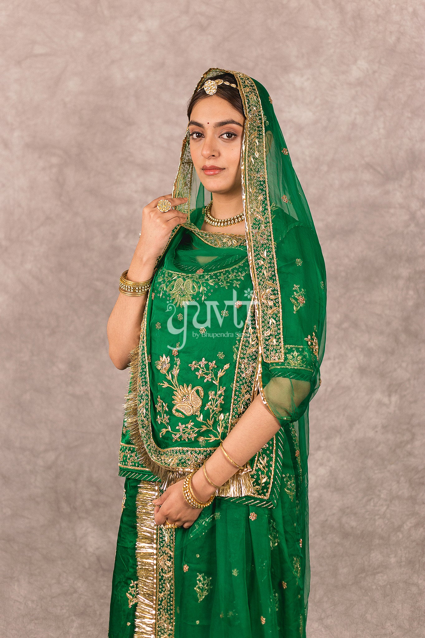 Bottle Green bamber satin Zardosi Handwork Rajputi Poshak with Pure odhna