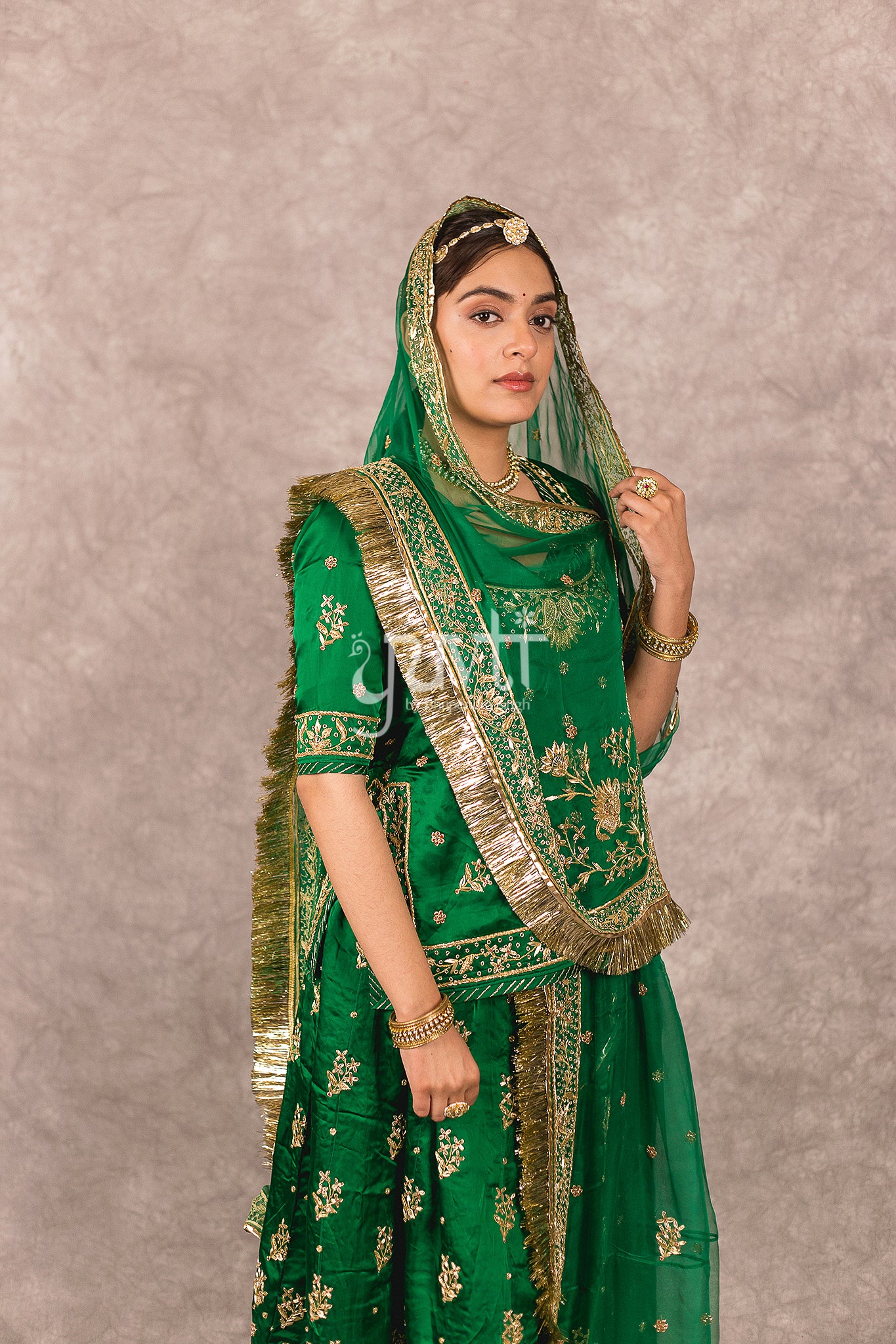 Bottle Green bamber satin Zardosi Handwork Rajputi Poshak with Pure odhna