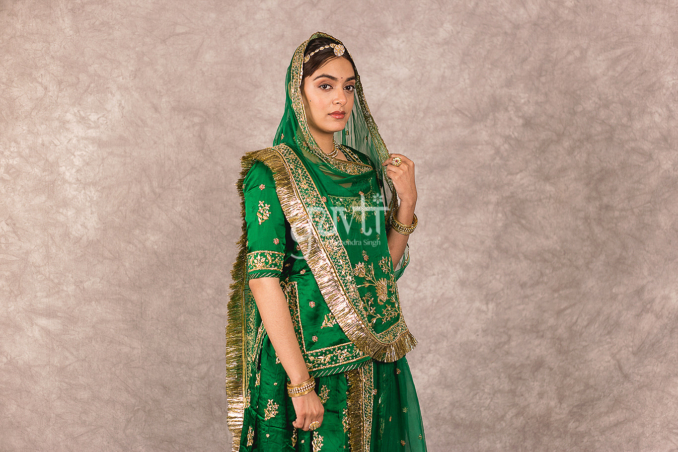 Bottle Green bamber satin Zardosi Handwork Rajputi Poshak with Pure odhna