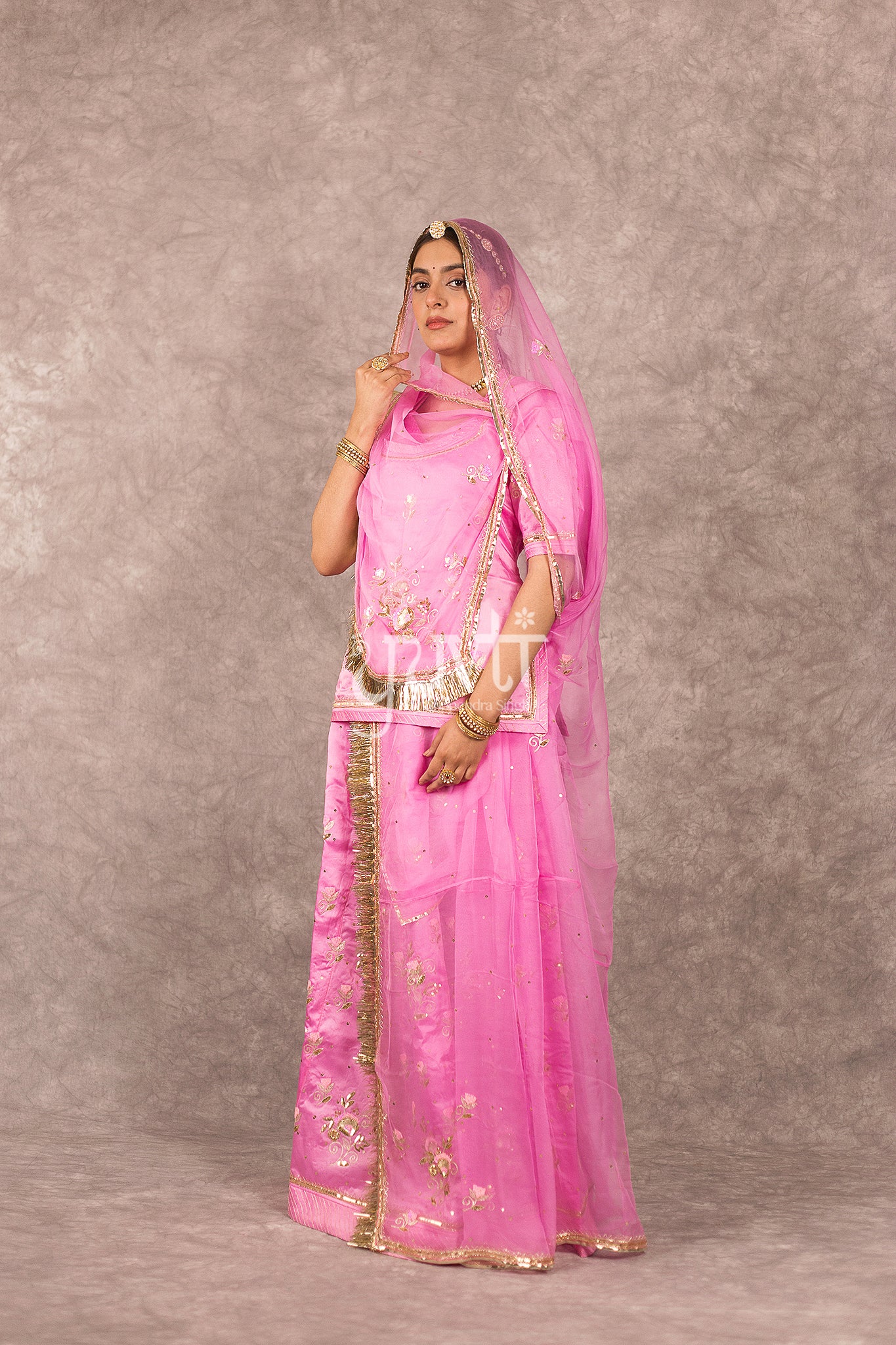 Pink bamber satin Aari Zardosi Handwork Rajputi Poshak with Pure odhna