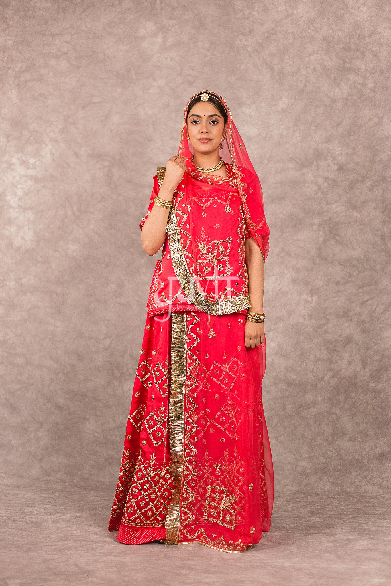 Red Bamber Satin Zardosi Sequins Highlight work Rajputi Poshak