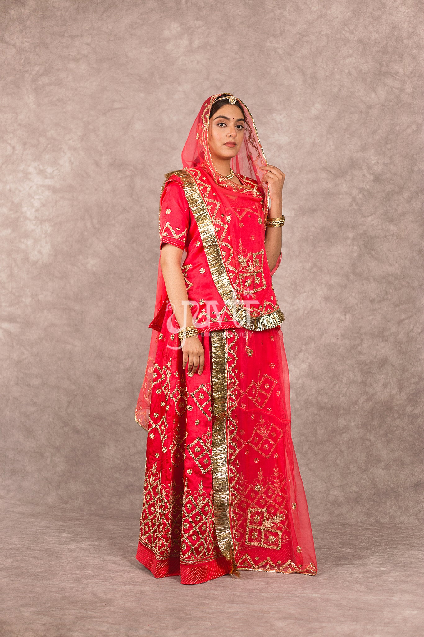 Red Bamber Satin Zardosi Sequins Highlight work Rajputi Poshak