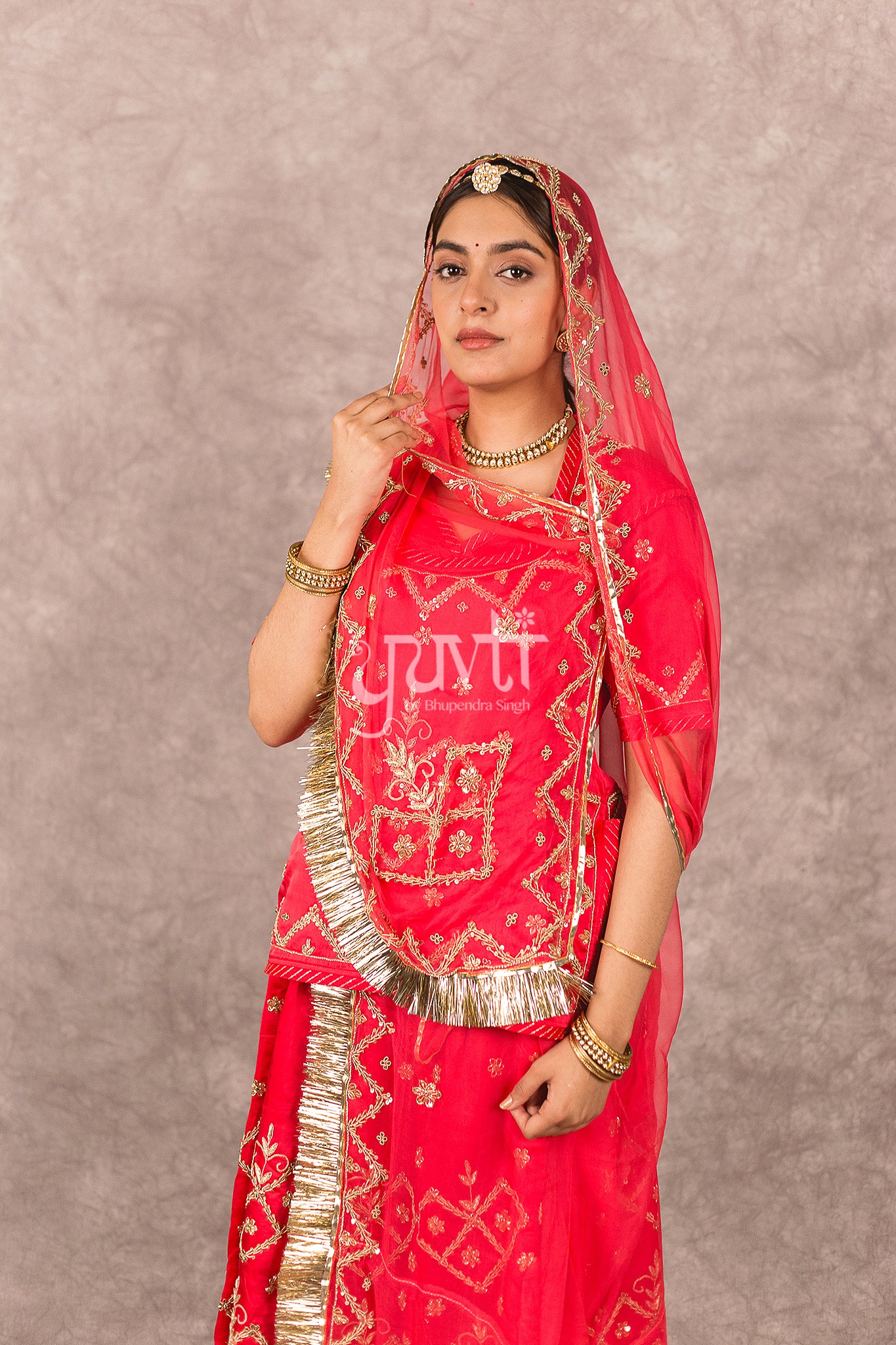 Red Bamber Satin Zardosi Sequins Highlight work Rajputi Poshak