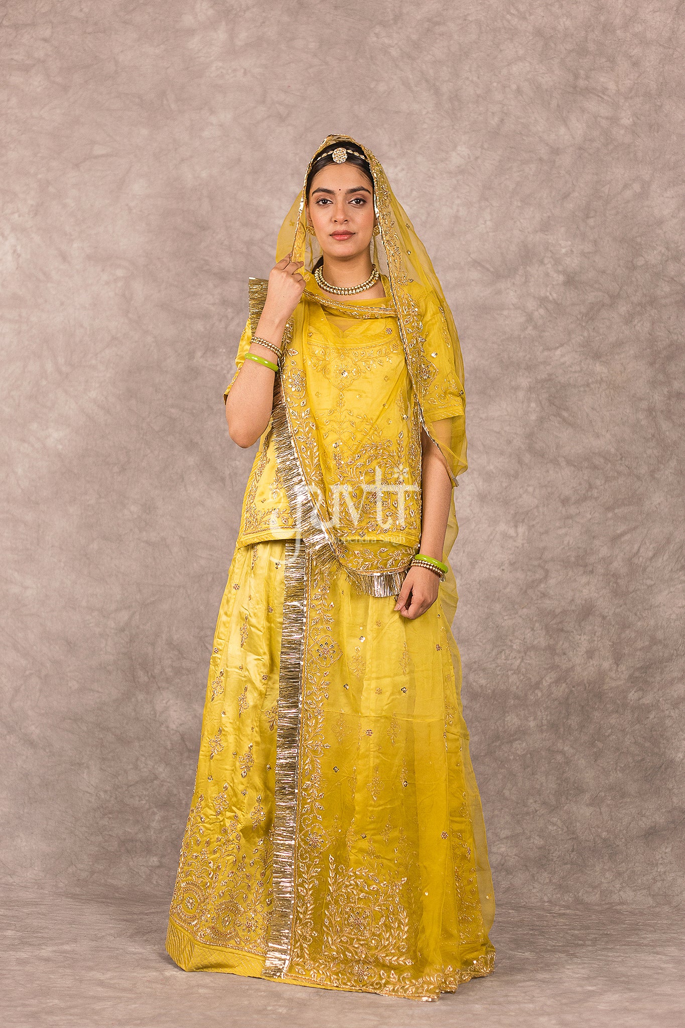 Golden Yellow Ombre bamber satin Zardosi Handwork Rajputi Poshak with Pure odhna