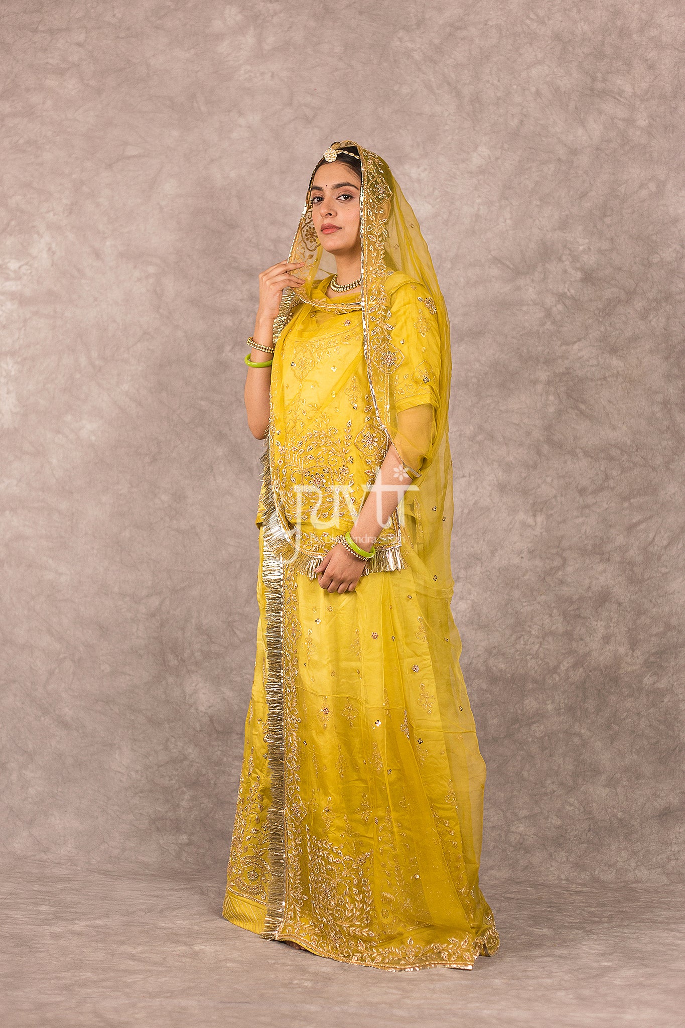 Golden Yellow Ombre bamber satin Zardosi Handwork Rajputi Poshak with Pure odhna