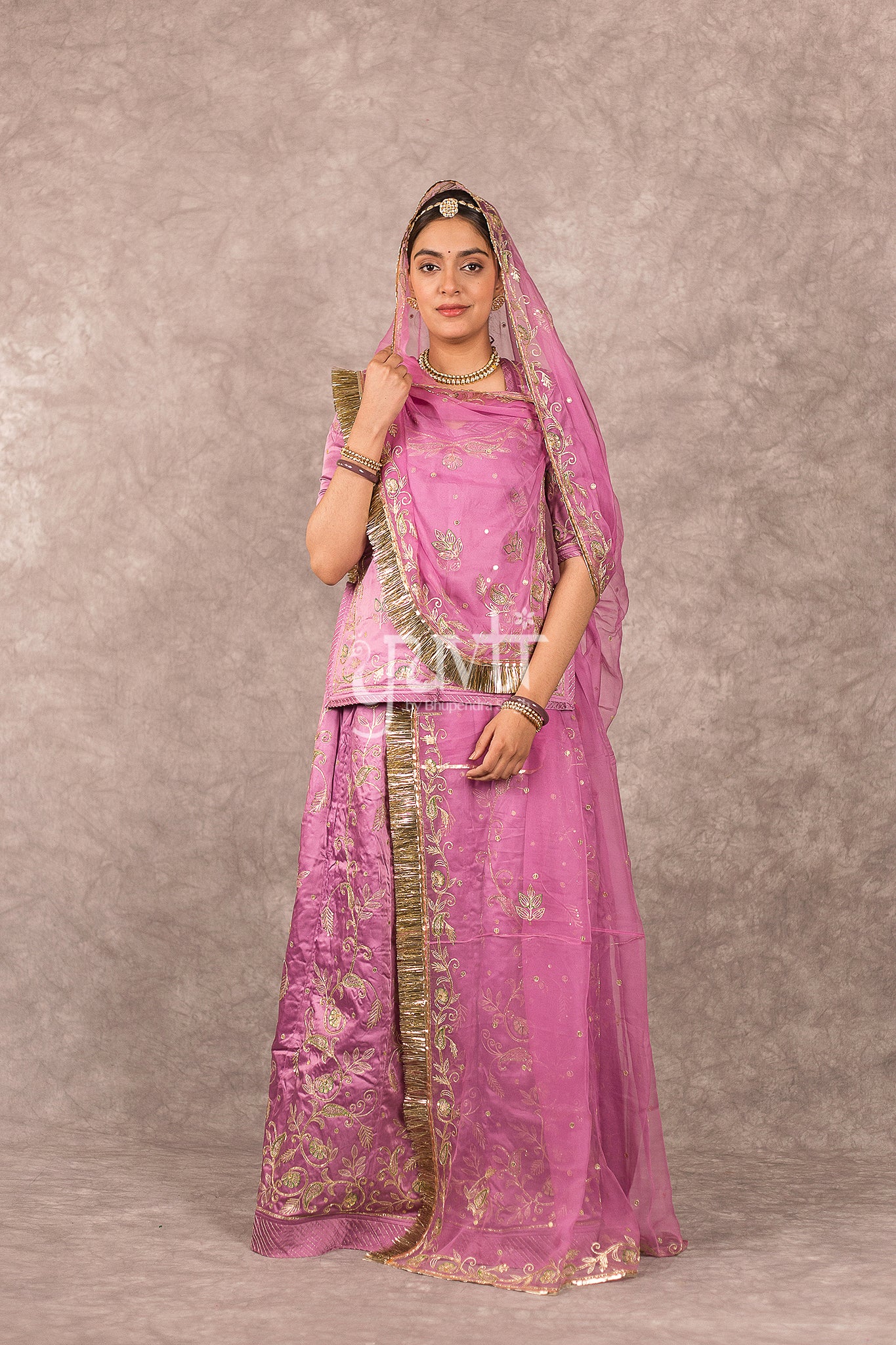 Lavender Bamber Satin Aari Salma Work Rajputi Poshak