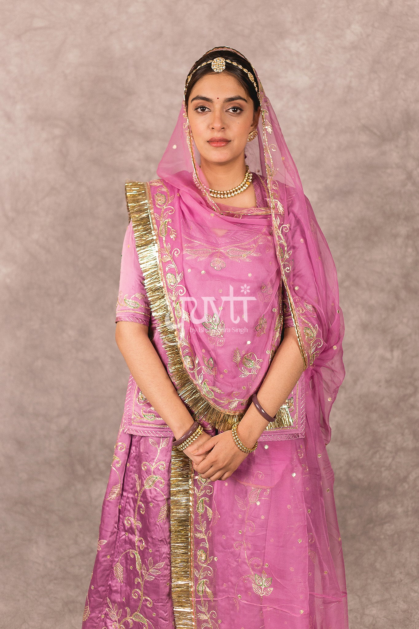 Lavender Bamber Satin Aari Salma Work Rajputi Poshak