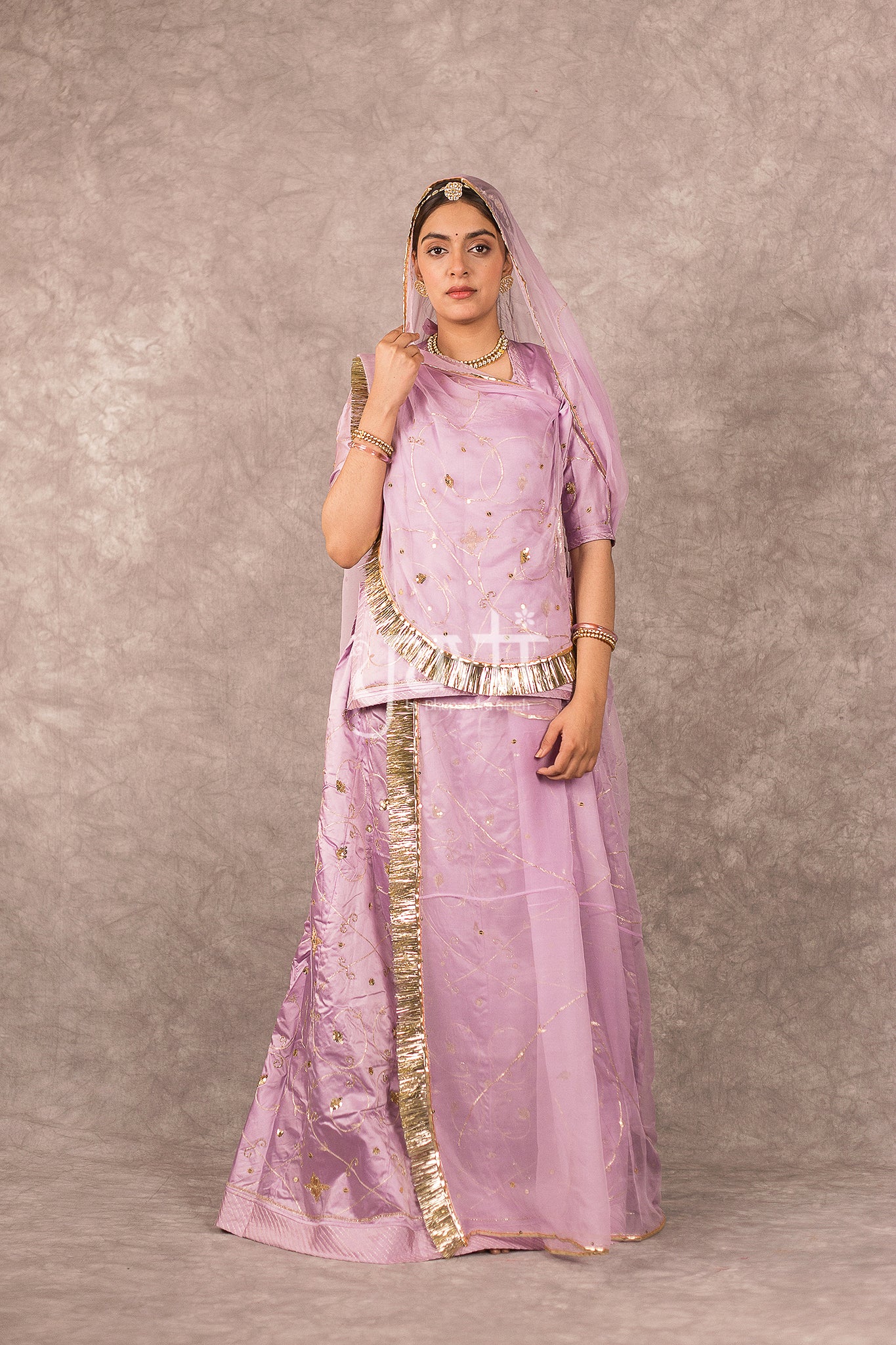 Lavender Bamber Satin Aari Sequins Jaal work Rajputi Poshak
