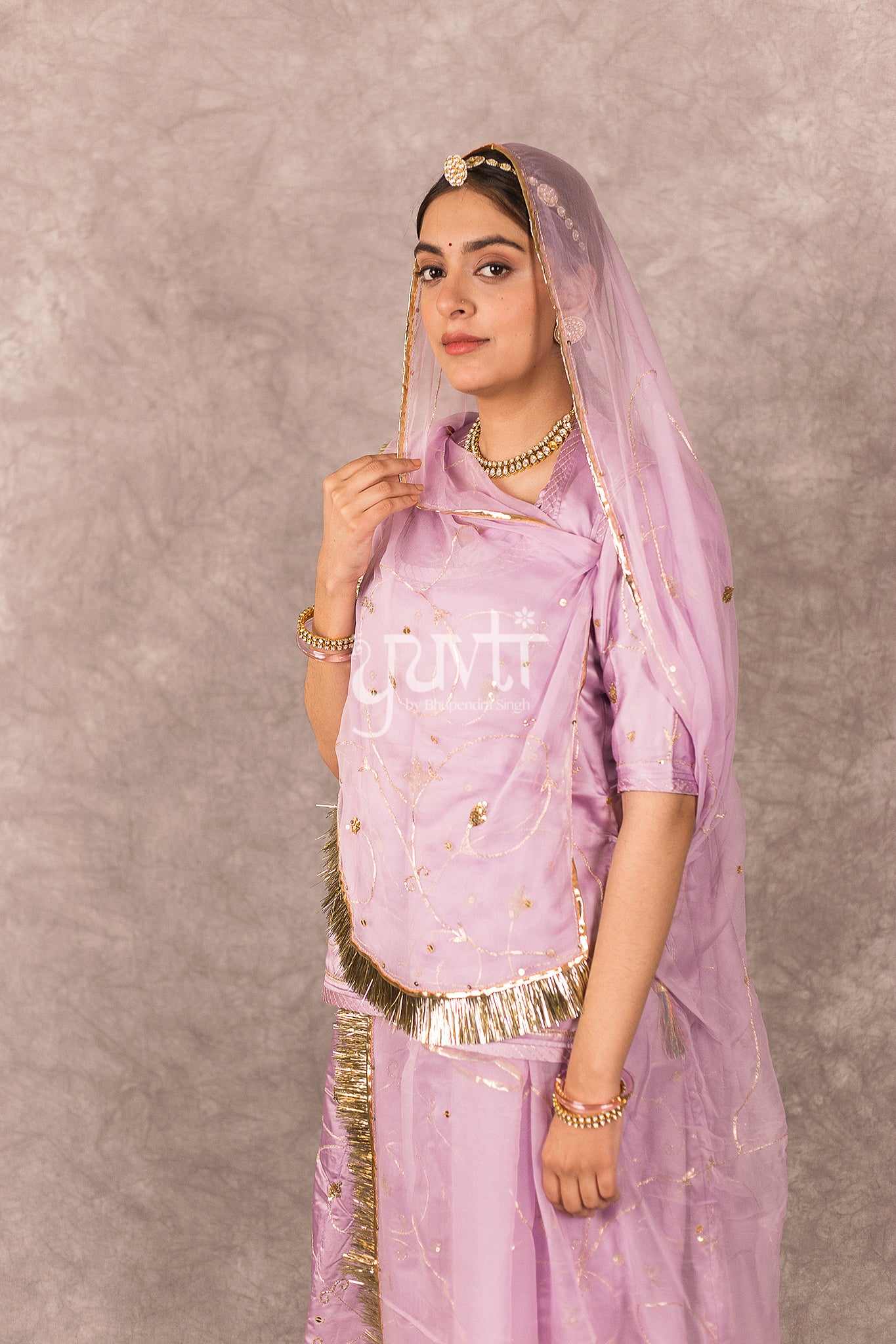 Lavender Bamber Satin Aari Sequins Jaal work Rajputi Poshak