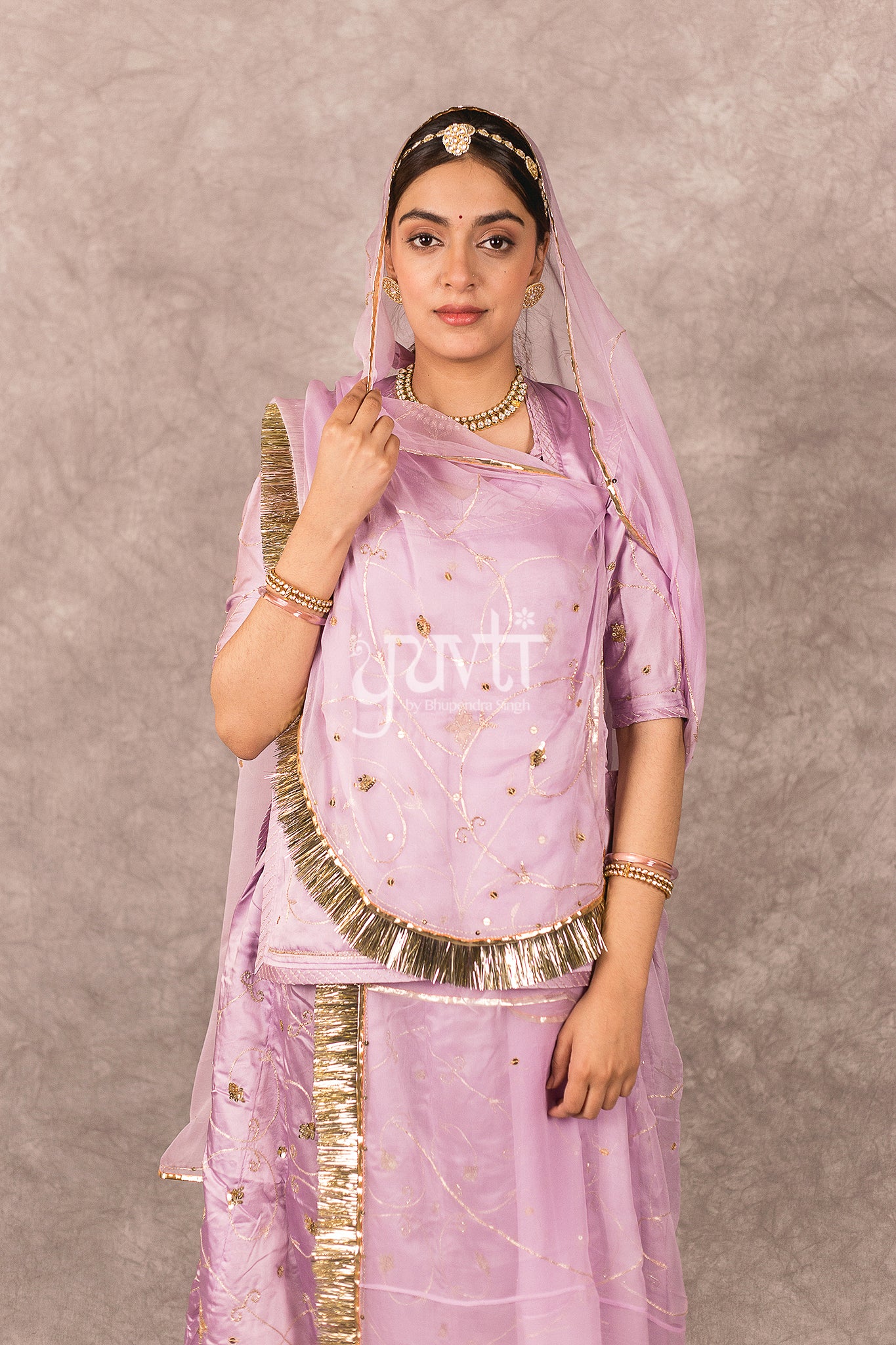 Lavender Bamber Satin Aari Sequins Jaal work Rajputi Poshak