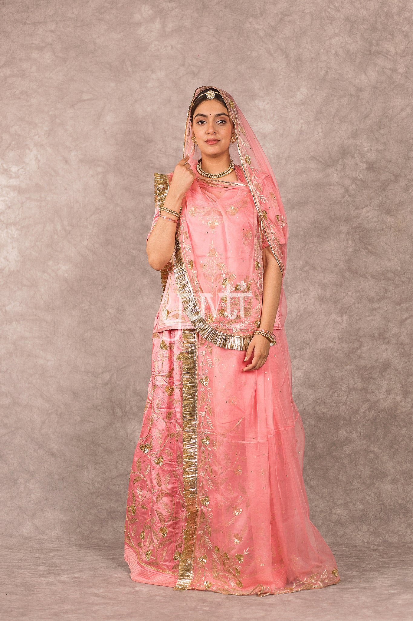 Peach Bamber Satin Aari Sequins Work Rajputi Poshak