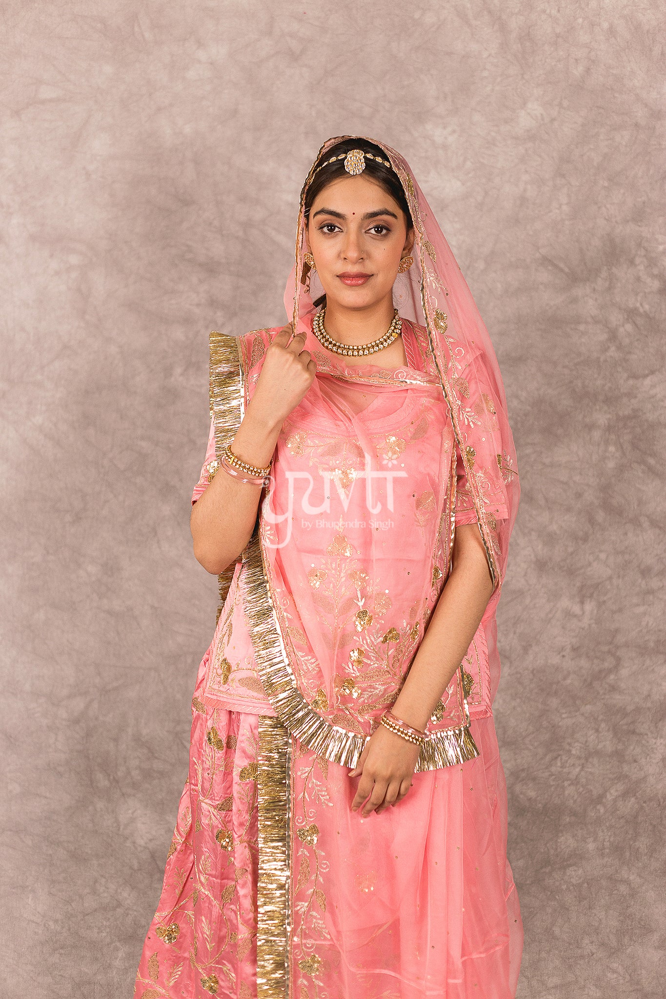 Peach Bamber Satin Aari Sequins Work Rajputi Poshak