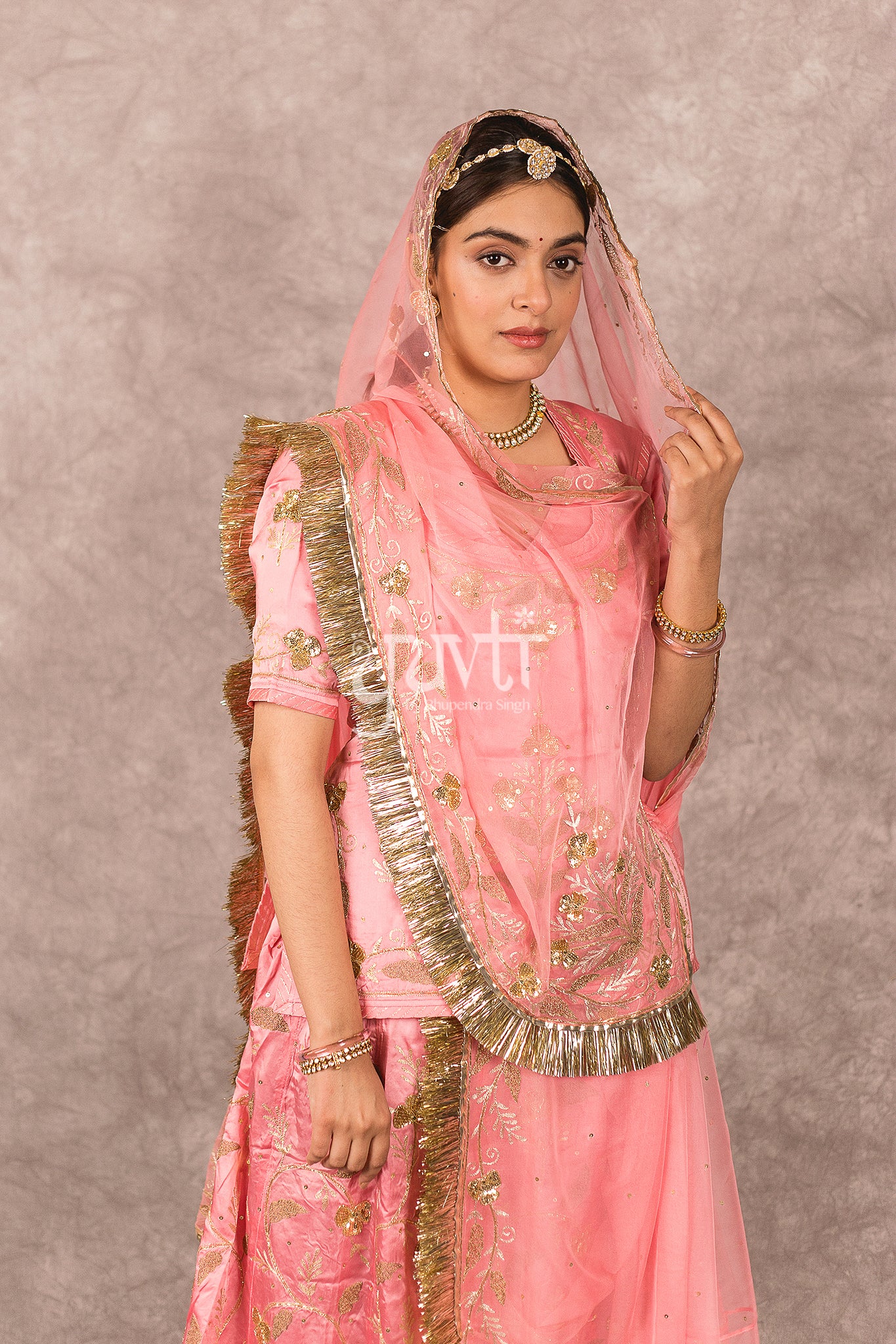 Peach Bamber Satin Aari Sequins Work Rajputi Poshak