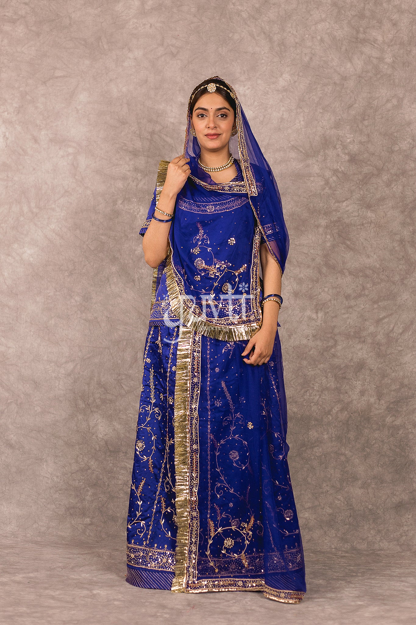 Blue Dori Sequins work Bamber Satin Rajputi Poshak