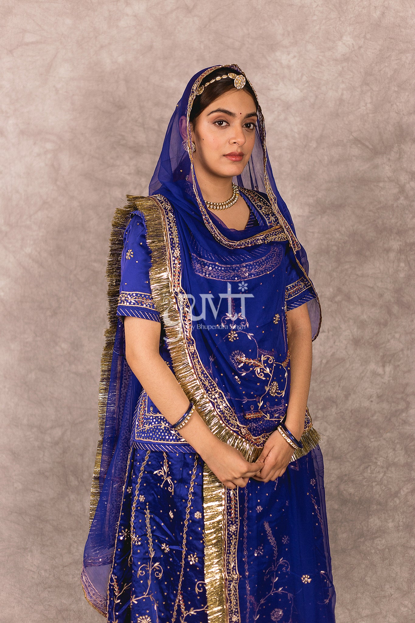 Blue Dori Sequins work Bamber Satin Rajputi Poshak