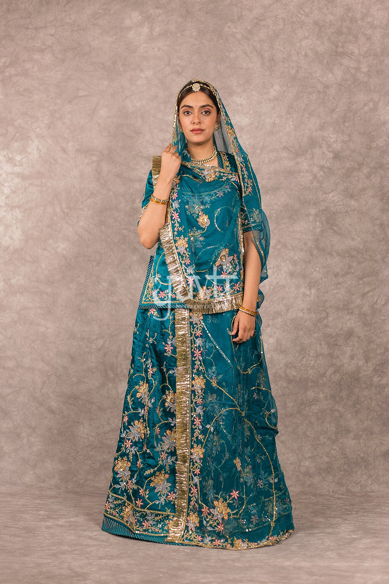 Rama Green bamber satin Aari Resham Sequins Handwork Rajputi Poshak with Pure odhna